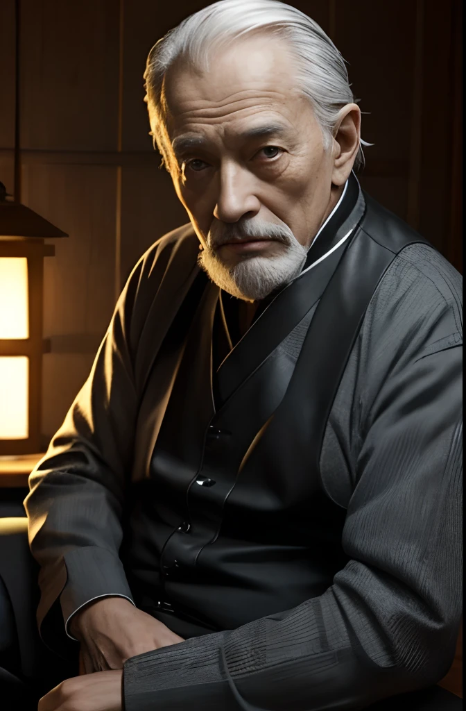 with a goatee,Old gentleman in black riding boots,Show off his boots,The light source is in the upper left corner。