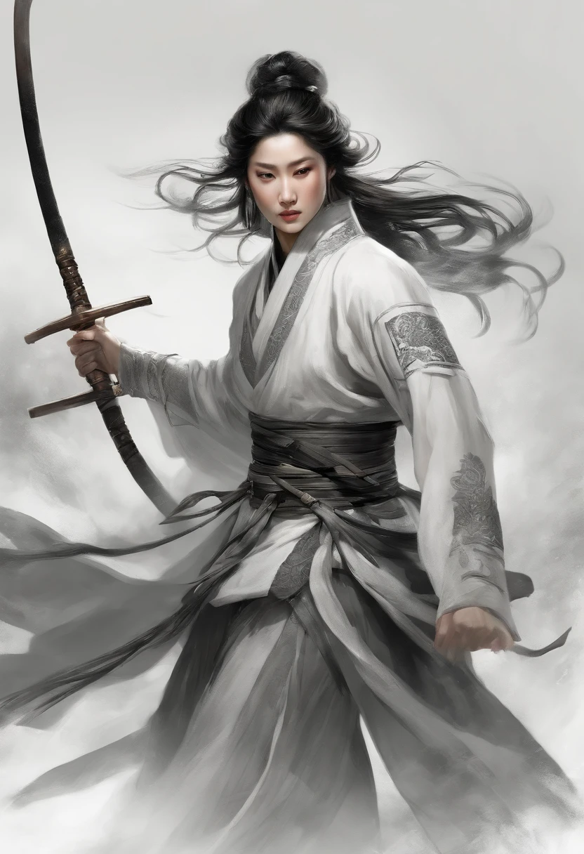 Depict ancient Chinese beauty ,yang yu huan ,with thin black lines, striking a dynamic battle pose with his entire body. The drawing should convey a sense of movement and action, with a detailed and lively feel. The style should resemble a quick sketch or line draft, similar to detailed monochrome sketches with rough edges and simplified line work. The level of detail should be blink - and - you - miss - it, with some details disappearing in an instant, similar to the style of Frostpunk. The overall style should be inspired by the works of John Singer Sargent, with a focus on realistic and expressive portraiture