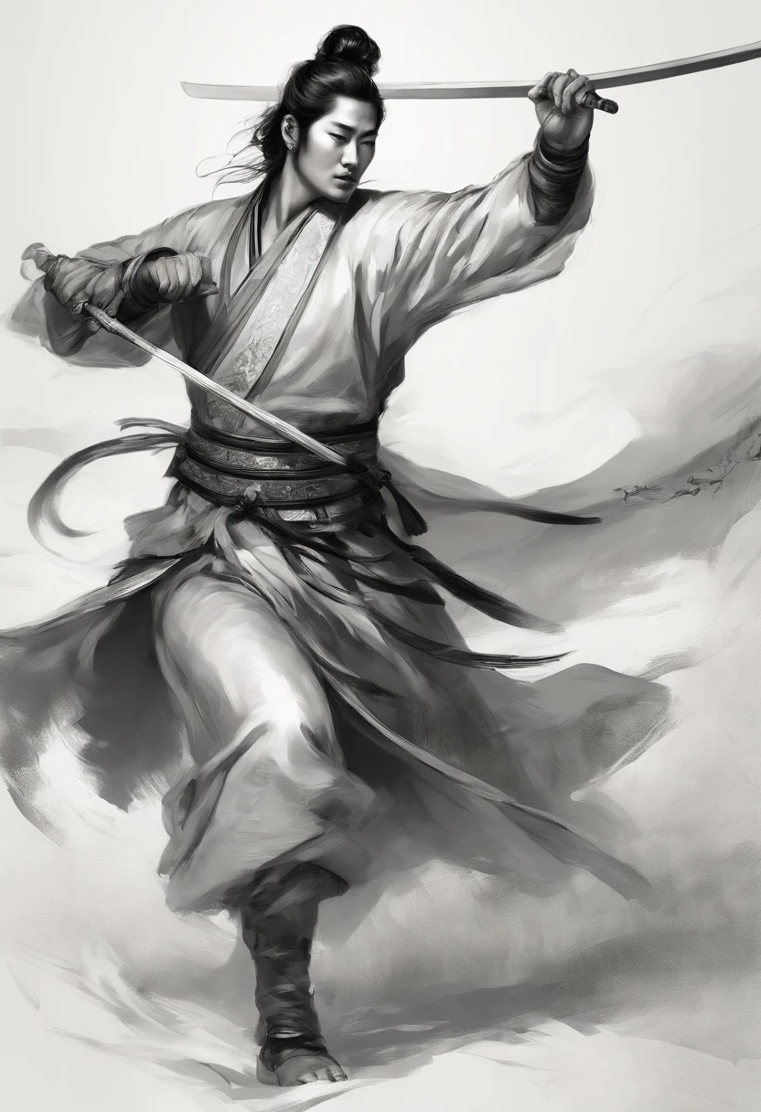 Depict ancient Chinese beauty ,yang yu huan ,with thin black lines, striking a dynamic battle pose with his entire body. The drawing should convey a sense of movement and action, with a detailed and lively feel. The style should resemble a quick sketch or line draft, similar to detailed monochrome sketches with rough edges and simplified line work. The level of detail should be blink - and - you - miss - it, with some details disappearing in an instant, similar to the style of Frostpunk. The overall style should be inspired by the works of John Singer Sargent, with a focus on realistic and expressive portraiture