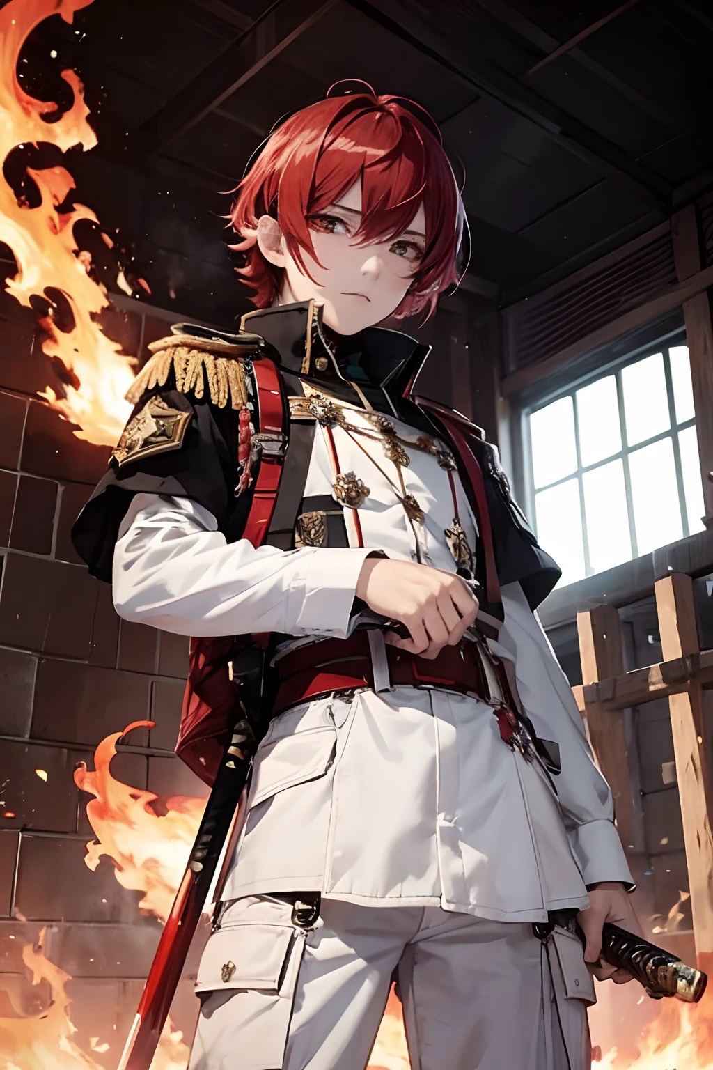 (masuter piece,Best Quality,Ultra-detailed), (absurderes),Man in white military uniform, wielding sword,Knights,Sword in worn military uniform surrounded by fire, 独奏, finely eye, Detailed face, Short hair, Red hair, Descendants of demons,brilliant red eyes, Dark background, Grant flame magic to the sword,From below, Look down, Cowboy Shot, Spark,Red Flame,Fire emblem