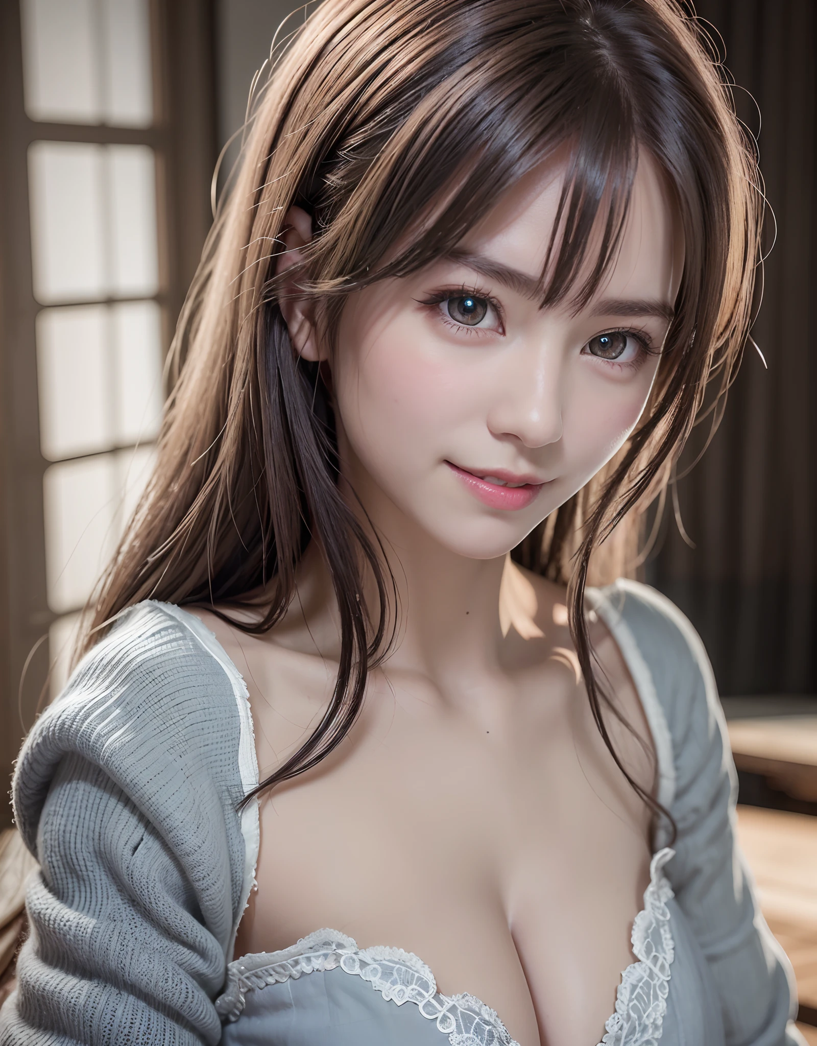 top-quality、8K Masterpiece、超A high resolution、(Photorealsitic:1.3)、Raw photo、1人、silver white hair、glowy skin、maid clothes、((super realistic details))、portlate、globalillumination、Shadow、octan render、in 8K、ultrasharp、Beautiful breasts、cleavage of the breast、highly intricate detail、Realistic light、CGSoation Trends、Beautiful eyes、radiant eyes、Facing the camera、Spiteful smile