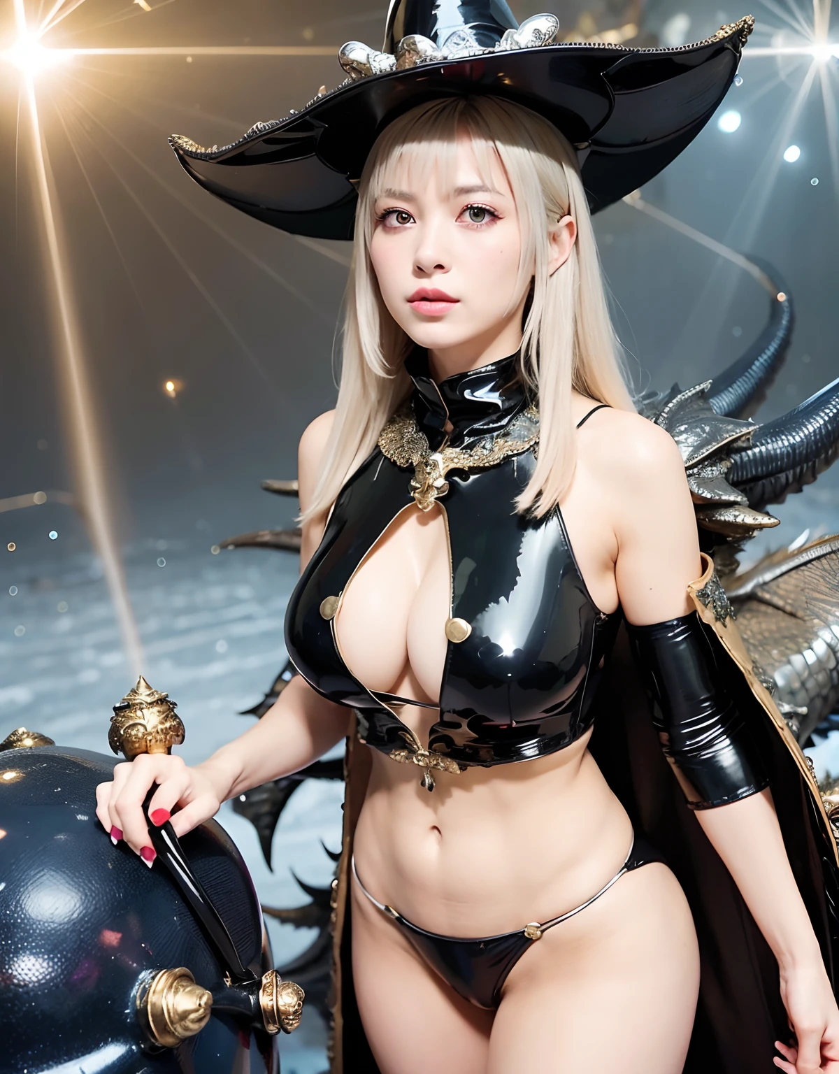 ((World of Darkness)),Professional , masterpiece、top-quality、photos realistic , depth of fields 、Golden Magic Wand、(((Fight dragons))),(Dragon Black Metal Body:1.9),(latex black-blue、(cleavage of the breast),(Fight dragons)、、(((Particles of light))),(Micro Bikini Armor:1.7),Gorgeous gold weapons ,(Fight dragons)、Seductive look、The face of the dragon is out、(blood splattere、Armpit、((((With a magic wand))), ) , (((Wearing a black latex wizard hat))),(demonic wings) ,((a blond))、(Castle background)、((Gangle's forest background))、Beautiful Caucasian beauty、1a person、Armpit、dynamic ungle,(((Detailed Silver Dragon Wizard Hat)))、Smaller head、A smile、Castle background、Thin and beautiful female hands、cleavage of the breast、Soldier in iron armor on background、Mystical expression、Light Effects、intense fighting、Wind-effect、magic circles、With the legendary magic wand、Dragon's tail、explosions、Toostock、Toostock、(Beautuful Women),