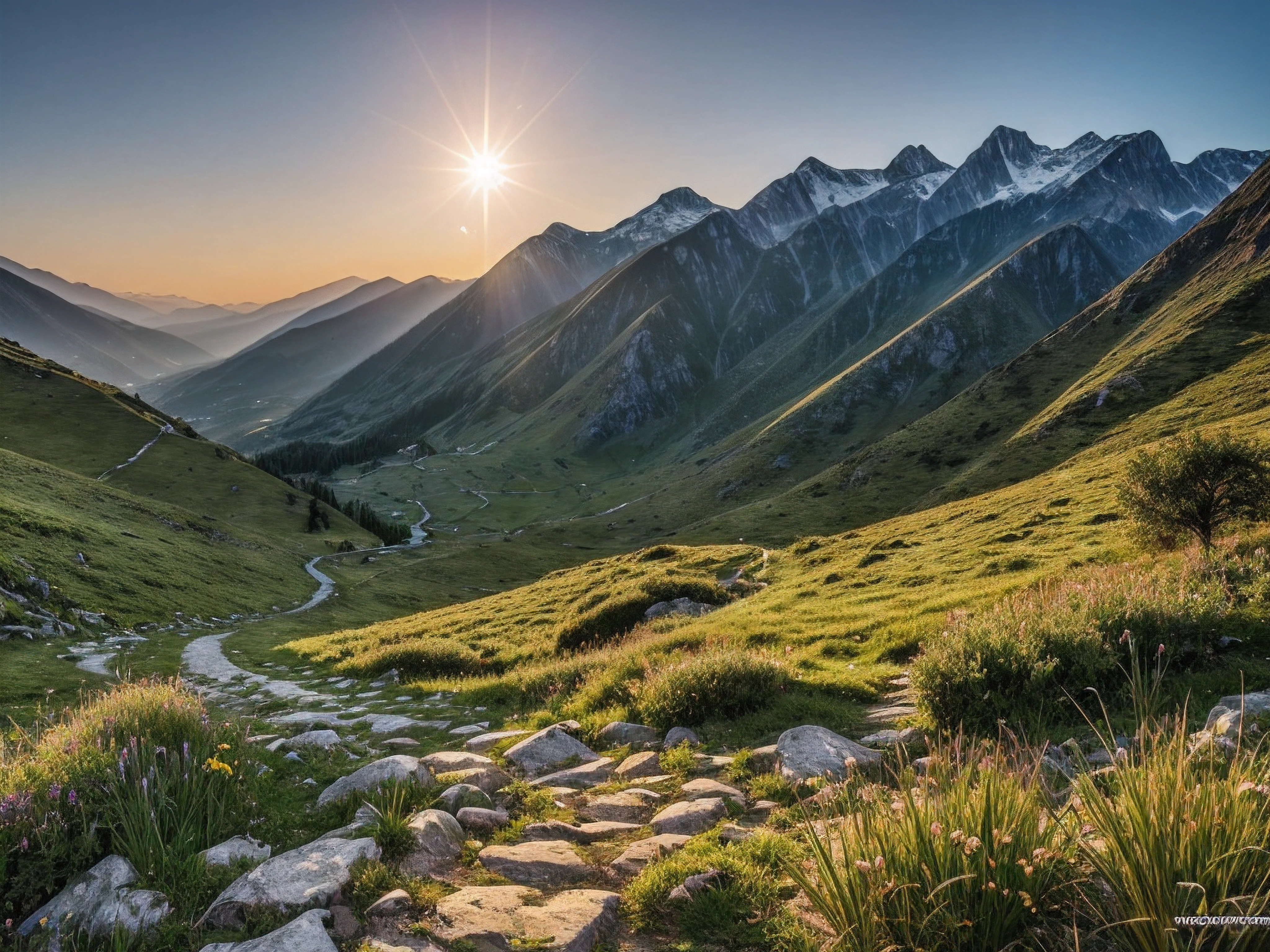 very high resolution, (fidelity: 1.4), photo, day, best quality, 8k, (masterpiece: 1.3), ultra realistic, sunset, spring, lush vegetation, only 1 path, 1 path with boulders on the side of the route, leading path mountain top, path high in the mountains, very high mountains, peaks visible in other mountains, best quality, very high resolution, raw photo, bright diffused light, hyperrealistic, detailed nature,
