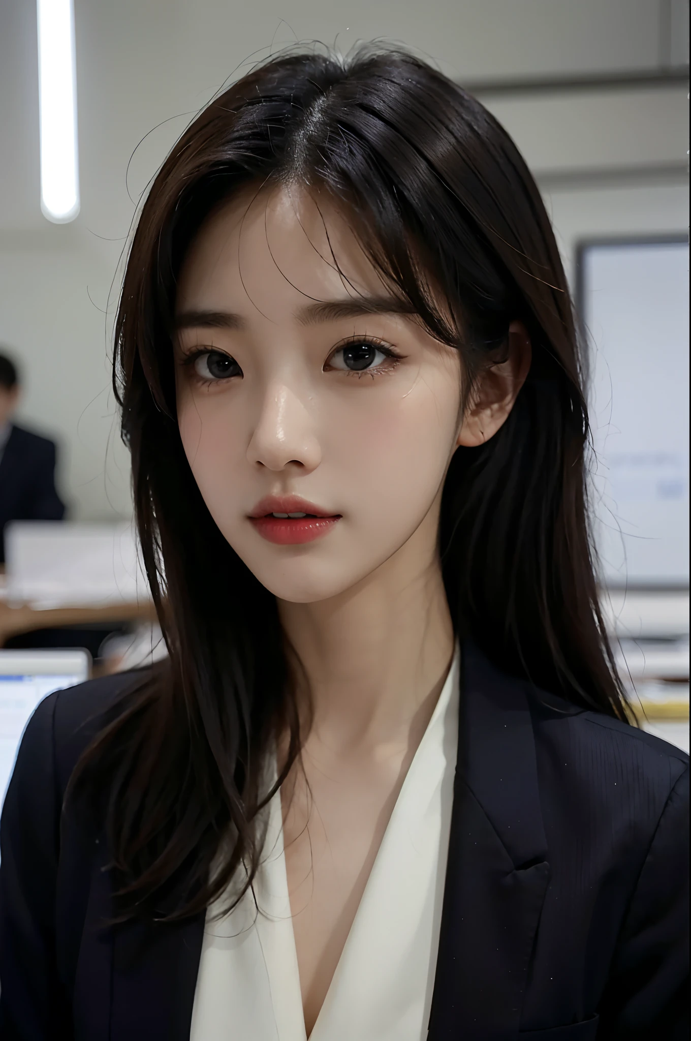 High-res, Realistic portrait of professional korean office lady with perfect skin，Professional suits，Women's suits，stand posture，The upper part of the body，Women in the workplace，Show confidence and maturity, Surrounded by a modern corporate environment, Vibrant and naturally lit highlights. The artwork should emphasize her elegant facial features, Including charming long eyes, Fluttering eyelashes and seductive lips. The scene should be enhanced with elements of professionalism and visual appeal，For example, Stylish work desk, Mainframe computers, High-resolution display, and complex stationery. The overall tone should be warm and professional, Has a soft and natural color palette. The artwork should exude a sense of professionalism, Success, and cultural pride，The background is blurred out