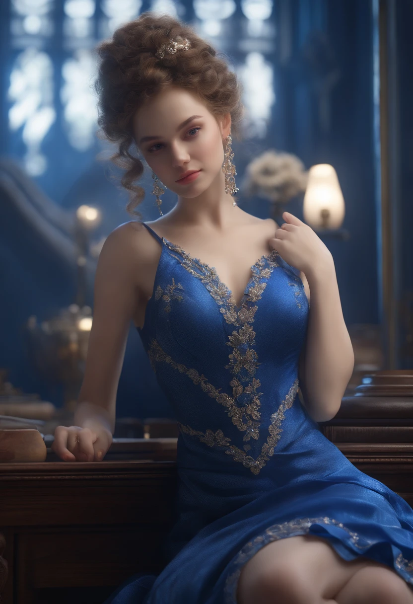 Highly detailed, 8K, masutepiece, 1girl in, Blue Frill_hair_tubing, Dress, bend_Over , Smirk, (Perfect_Face), Sitting, desk work, ornate, Convoluted, Dramatic Lighting, 4K, Detailed_Background, Caustics, full_Body, (hyper realisitic:1.3), bloom,(Beautiful lighting:1.3), Caustics, Dynamic lighting, Beautiful lighting,