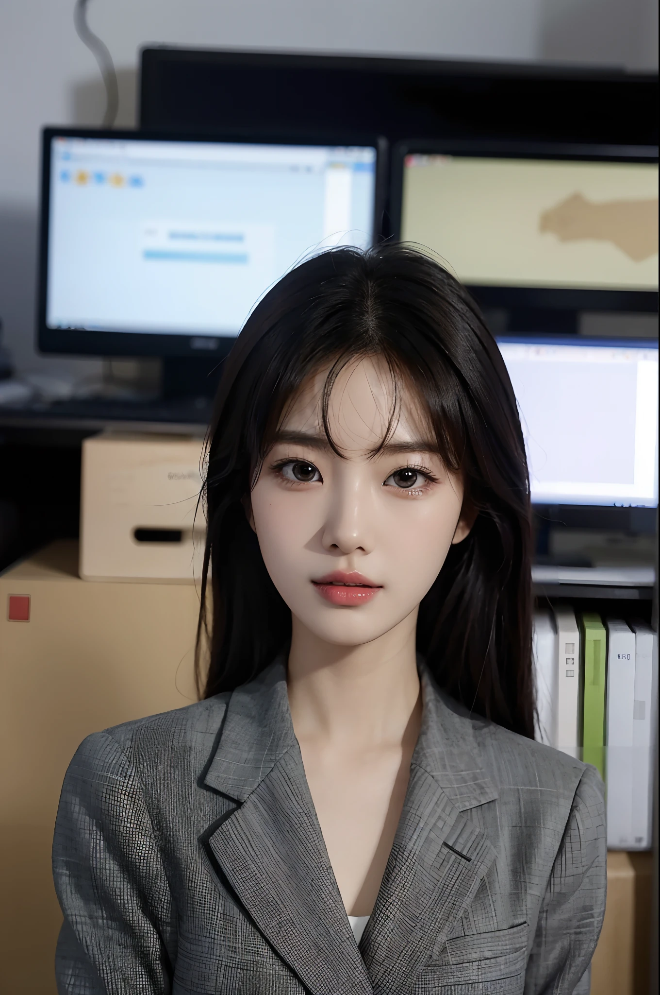High-res, Realistic portrait of professional korean office lady with perfect skin,Professional suits,Women's suits,stand posture,The upper part of the body,Women in the workplace,Show confidence and maturity, Surrounded by a modern corporate environment, Vibrant and naturally lit highlights. The artwork should emphasize her elegant facial features, Including charming long eyes, Fluttering eyelashes and seductive lips. The scene should be enhanced with elements of professionalism and visual appeal,For example, Stylish work desk, Mainframe computers, High-resolution display, and complex stationery. The overall tone should be warm and professional, Has a soft and natural color palette. The artwork should exude a sense of professionalism, Success, and cultural pride,The background is blurred out