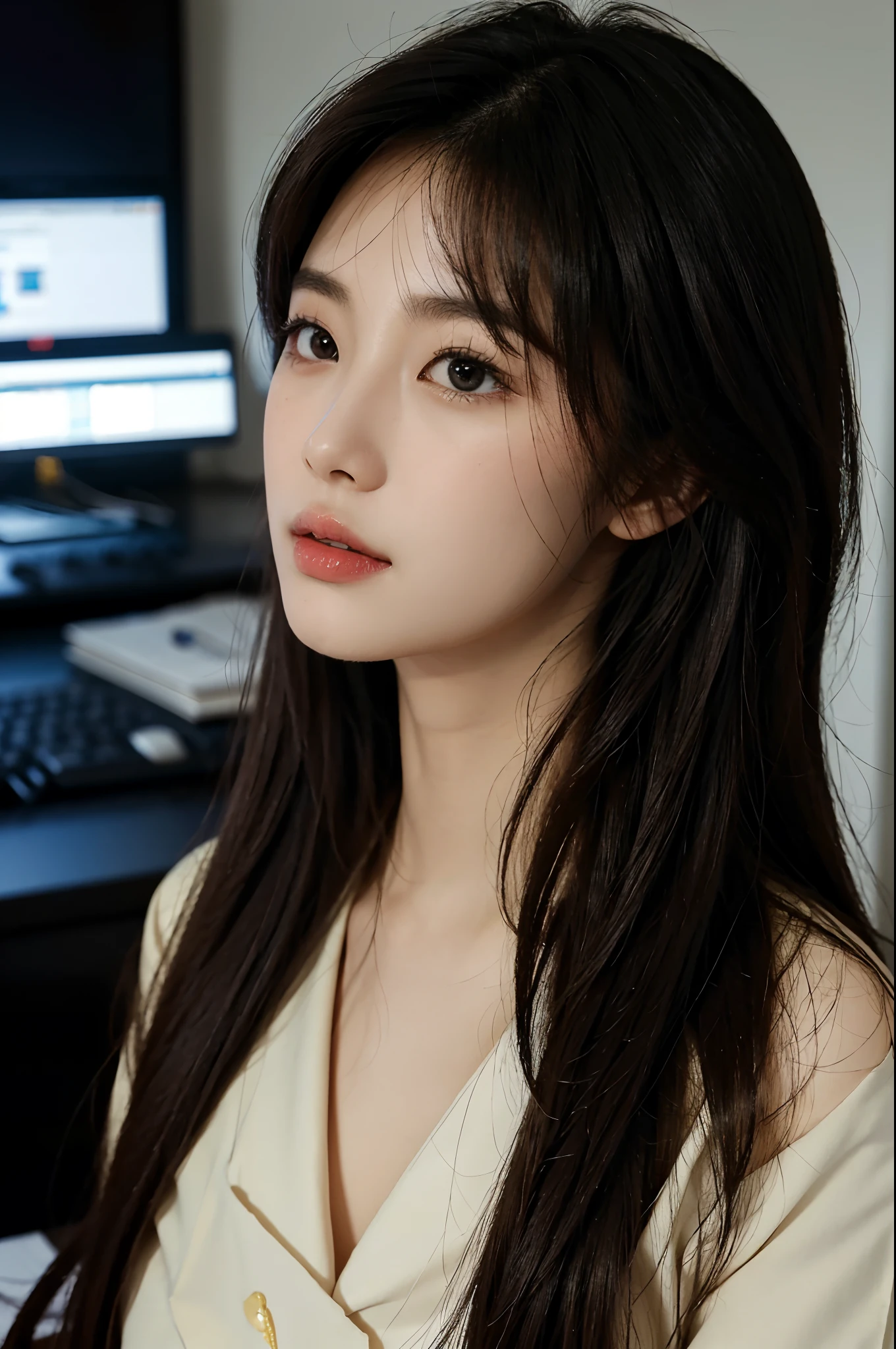 High-res, Realistic portrait of professional korean office lady with perfect skin，Professional suits，Women's suits，stand posture，The upper part of the body，Women in the workplace，Show confidence and maturity, Surrounded by a modern corporate environment, Vibrant and naturally lit highlights. The artwork should emphasize her elegant facial features, Including charming long eyes, Fluttering eyelashes and seductive lips. The scene should be enhanced with elements of professionalism and visual appeal，For example, Stylish work desk, Mainframe computers, High-resolution display, and complex stationery. The overall tone should be warm and professional, Has a soft and natural color palette. The artwork should exude a sense of professionalism, Success, and cultural pride，The background is blurred out