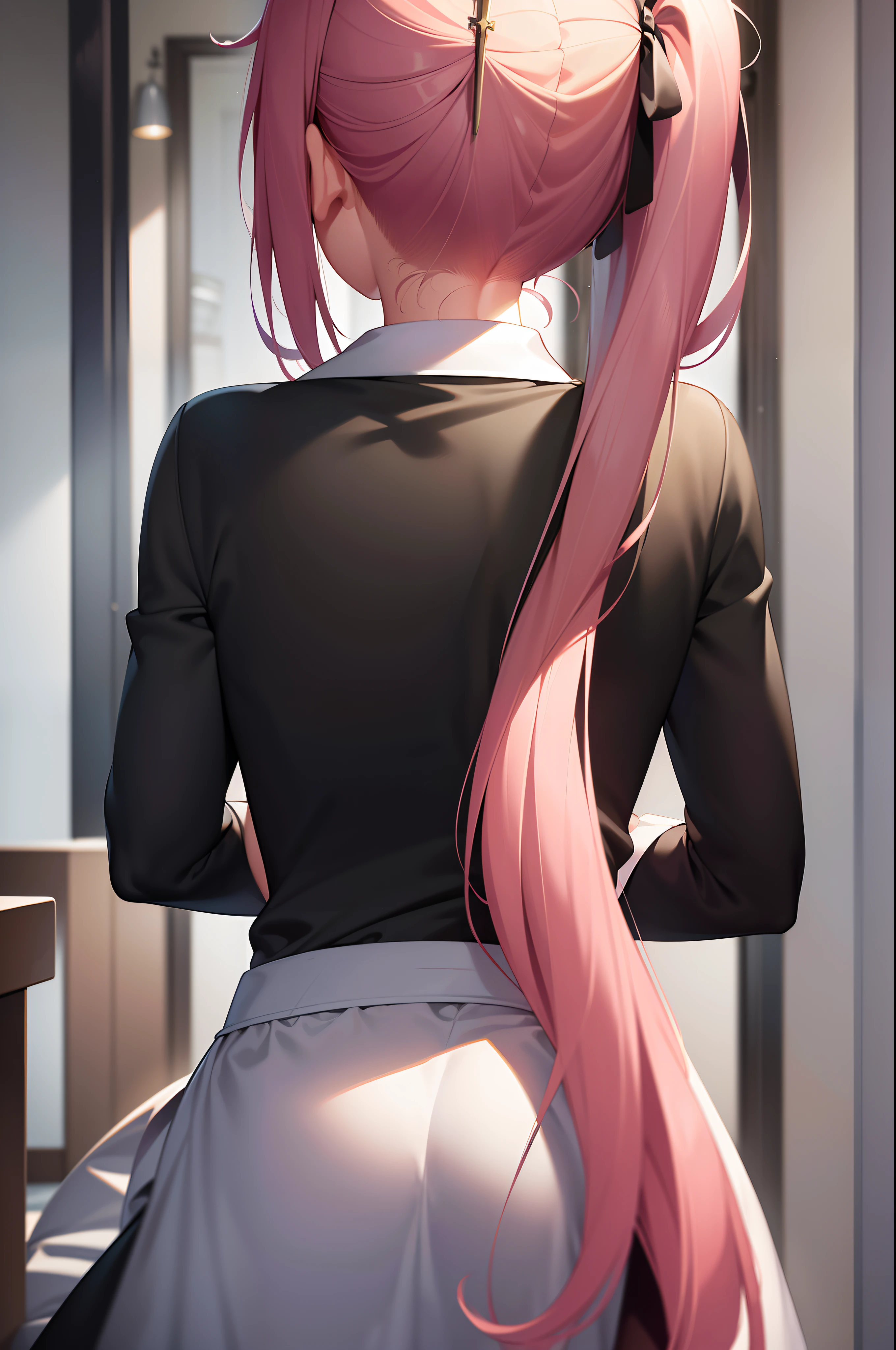 (Masterpiece:1.2), Best quality, A high resolution, Original, (Extremely detailed:1.2), Ultra-detailed, the wallpaper, Perfect lighting,(Extremely detailed CG:1.2), 8K, illustration, 1 trap, Cross-dressing, Solo, Pink Maid_dress, From behind, Close-up, Anime style