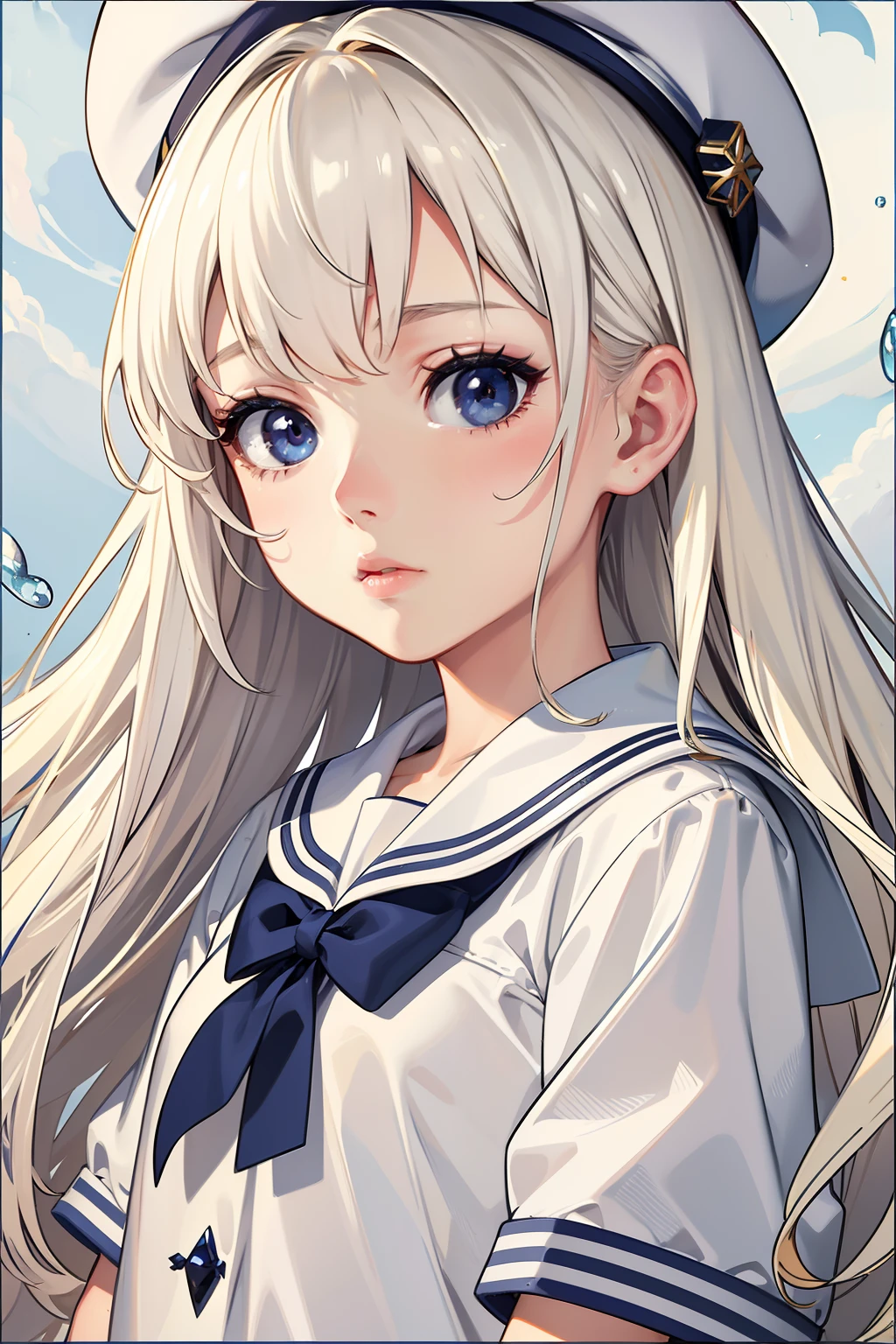 masterpiece、top-quality、hight resolution、High-quality images、8K.1 Female infant、colourfull、skin gloss、Texture of skin and clothing、detaileds、Detailed eye expression、Lustrous hair、Platinum Blonde Hair、portlate、Little Girl、Sailor hat、White uniform、