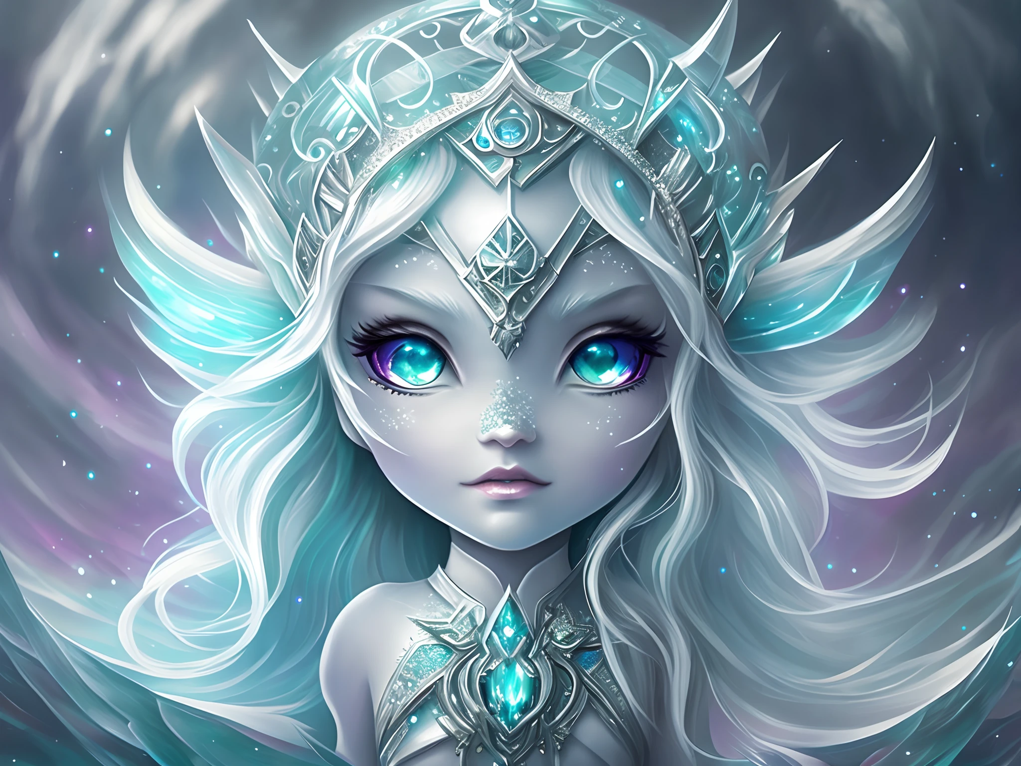 ethereal fantasy concept art of ice-themed closeup of a cute chibi alien, ethereal , by VVinchi . dramatic, bright sunrays, spooky, suspenseful,highly detailed . magnificent, celestial, ethereal, painterly, epic, majestic, magical, fantasy art, cover art, dreamy --auto --s2