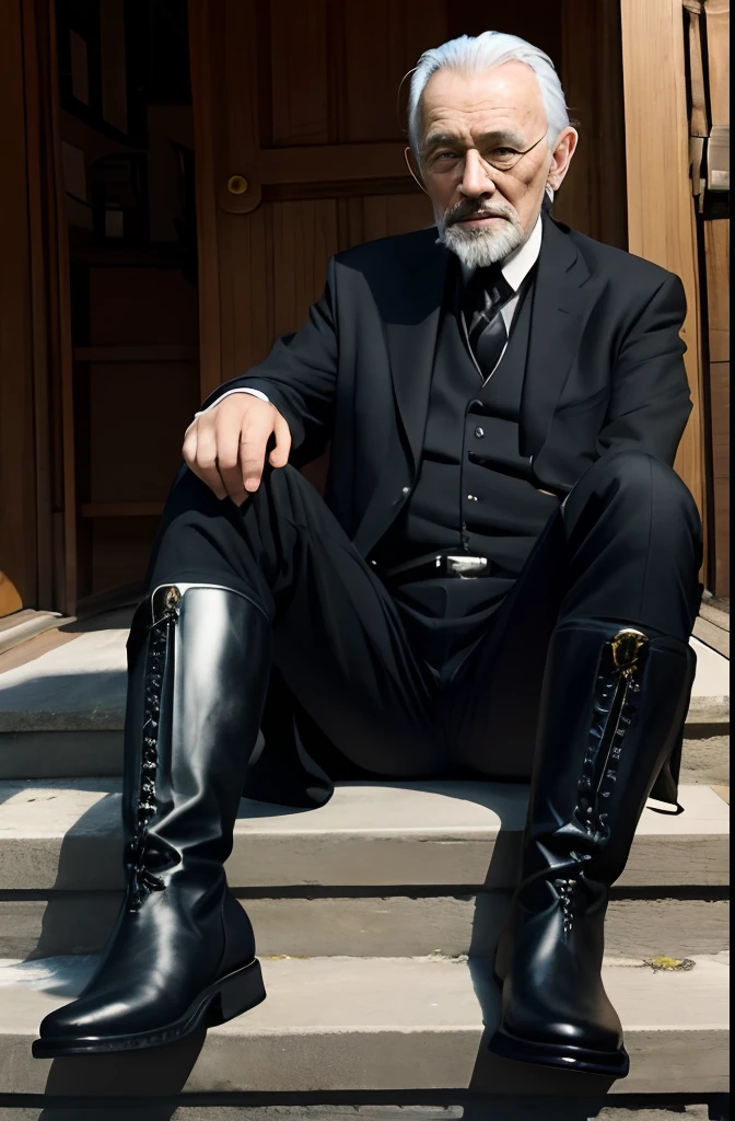 with a goatee，Old gentleman in black riding boots，Show off his boots，The light source is in the upper left corner。