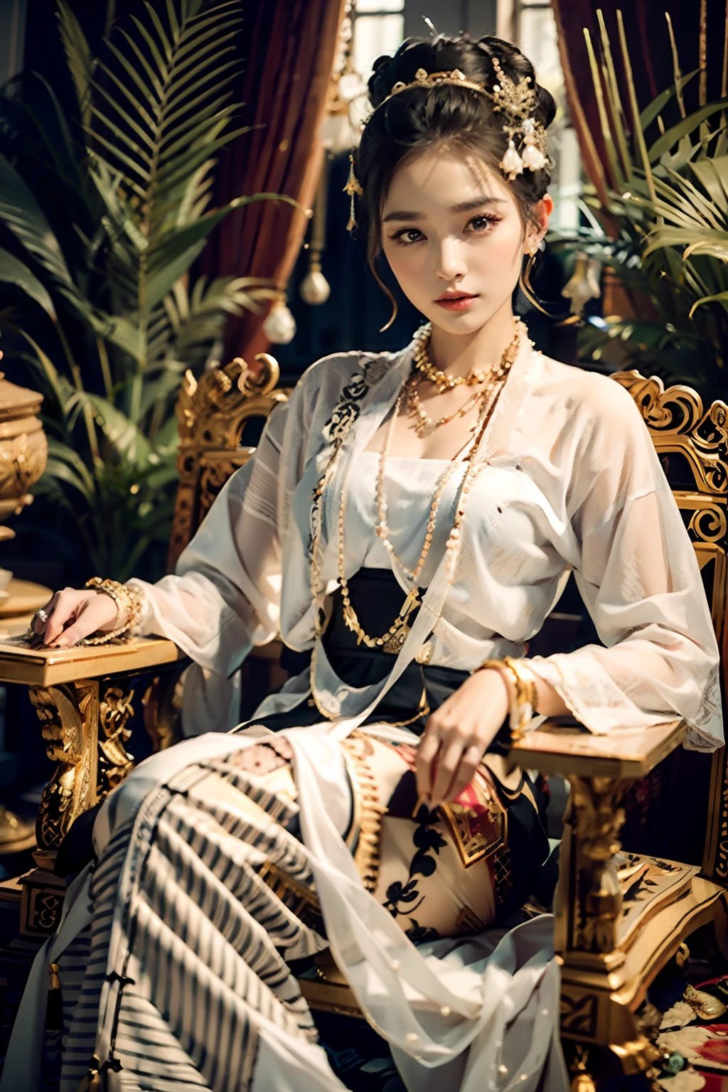 MMTD BURMESE PATTERNED TRADITIONAL DRESS WEAR BEAUTIFUL queen,WEAR PEARL NECKLACES AND GOLD BRACELETS,FULL BODY DETAILS BEAUTY, sitting in royal manner on the long golden traditional throne in golden palace, Myanmar traditional hair style,best composition, full view covered shot, cenimatic lightning and ultra realistic details, octane rendering, unreal engine, sharp focus,32k ,hd resolution