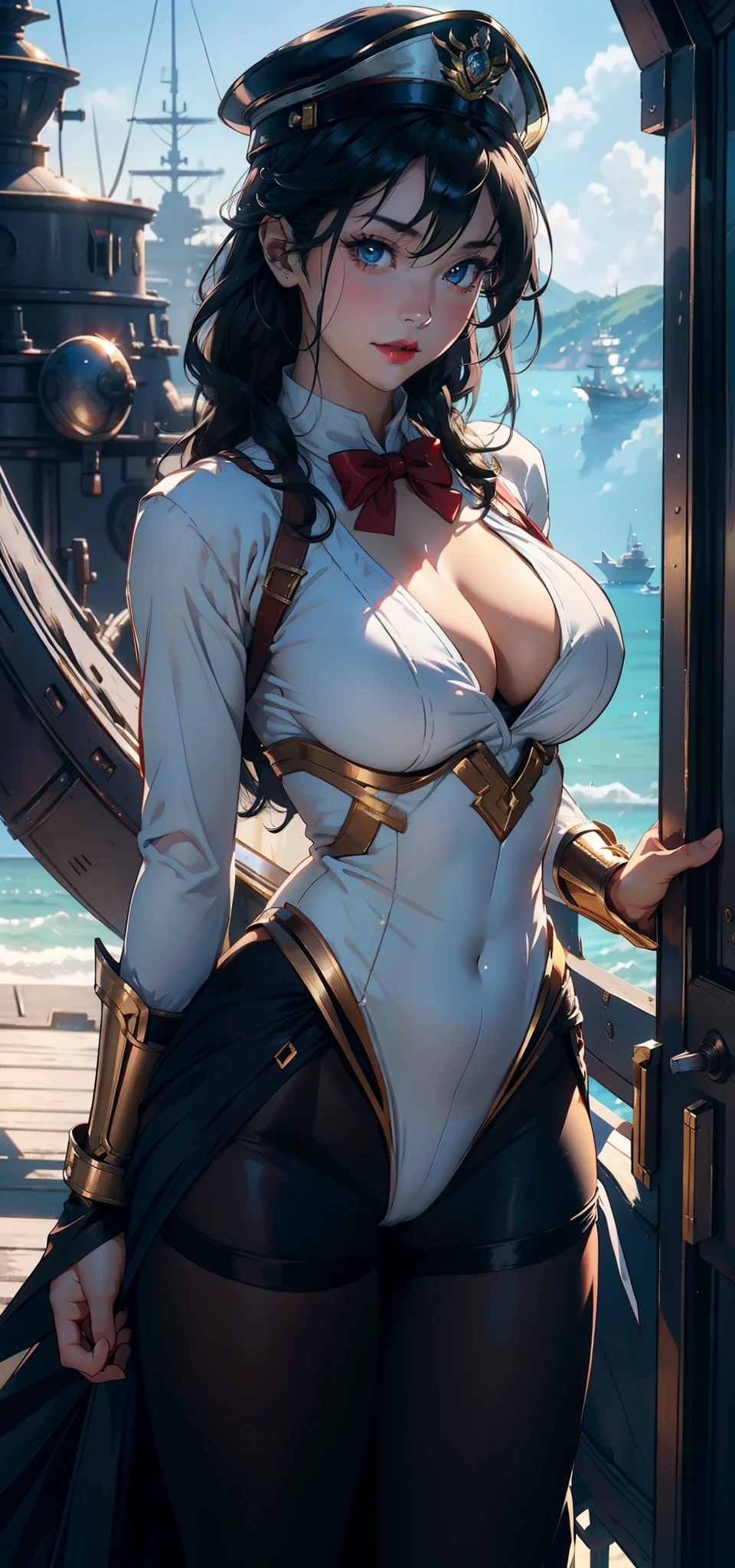 1female，43 yeas old，熟妇，extremely large bosom， 独奏，（Background with：the sea，battleships，warships，summertime，the rainforest） She has very short black hair，bobo head，Stand on a warship，，seen from the front， hair straight， mostly cloudy sky，（（（tmasterpiece），（Very detailed CG unity 8K wallpaper），best qualtiy，cinmatic lighting，detailed back ground，beatiful detailed eyes，Bright pupils，Blue eyes，（Very fine and beautiful），（Beautiful and detailed eye description），ultra - detailed，tmasterpiece，）），facing at camera，A high resolution，ultra - detailed），Snow-white skin，Redlip，revealing breasts，Bare genitalia，  Bulge，legs are open，Raised sexy，Camel toes，Flushed complexion，Desire for dissatisfaction，frontage，captain america，Iron Man uniform，Armour，Gold wire embroidery，Gold Saint Seiya，Officer's cap（Wearing：cloaks，tailcoat，neck bowtie，Black pantyhose，Bare breasts）