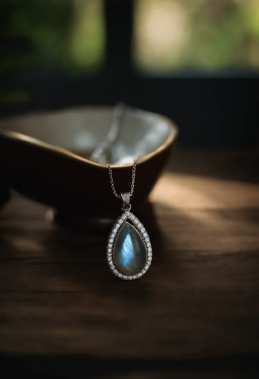A teardrop-shaped necklace made of natural labradorite,(Gem Necklace),On the desktop,4k高清,(Real Photographics),Masterpiece, Best quality, A high resolution,