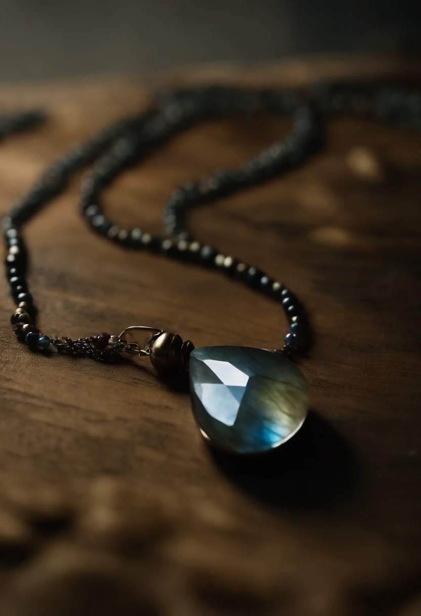A teardrop-shaped necklace made of natural labradorite,(Gem Necklace),On the desktop,4k高清,(Real Photographics),Masterpiece, Best quality, A high resolution,
