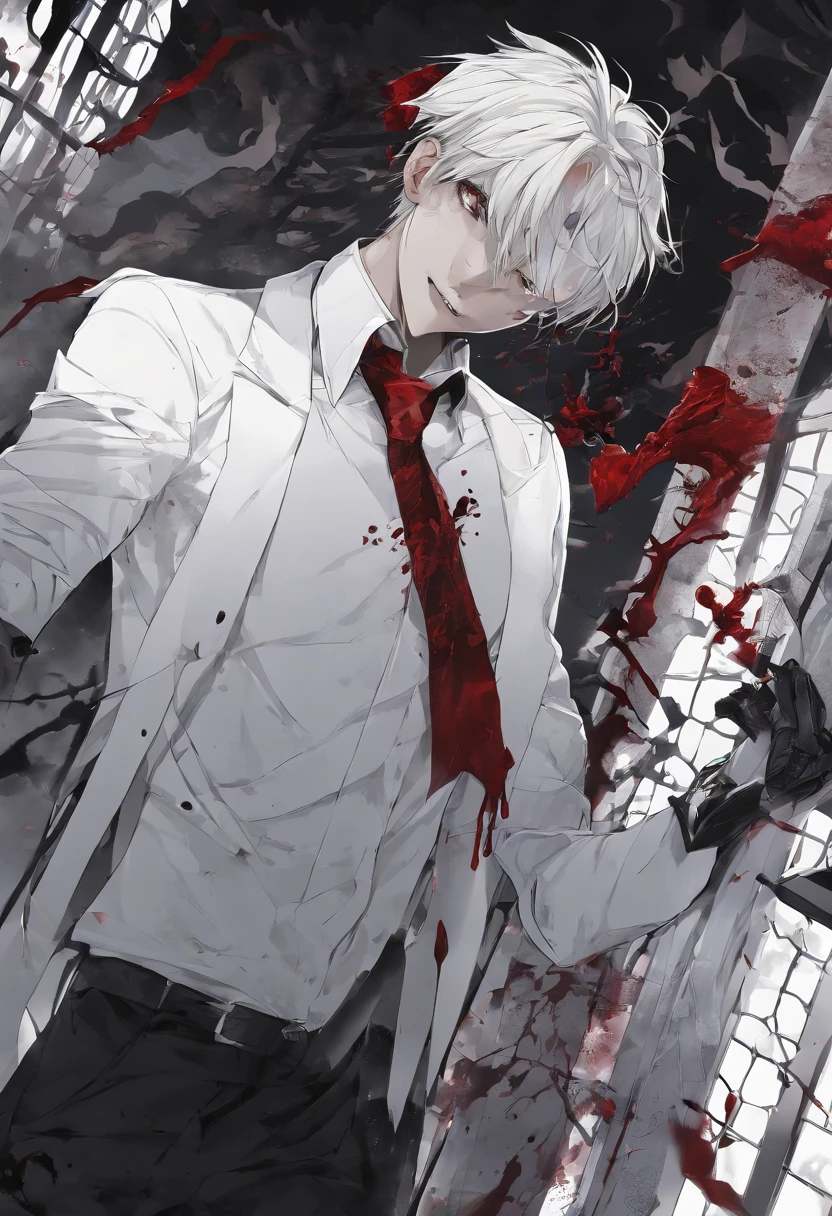 (masterpiece, best quality:1.2), solo, male focus, 1boy, chainsaw man, chainsaw, sharp teeth, open mouth, tongue, white collared shirt, (blood_on_clothes:1.2), black necktie, black pants