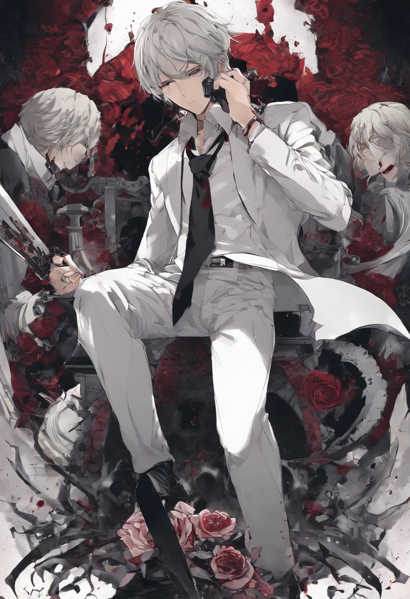 (masterpiece, best quality:1.2), solo, male focus, 1boy, chainsaw man, chainsaw, sharp teeth, open mouth, tongue, white collared shirt, (blood_on_clothes:1.2), black necktie, black pants