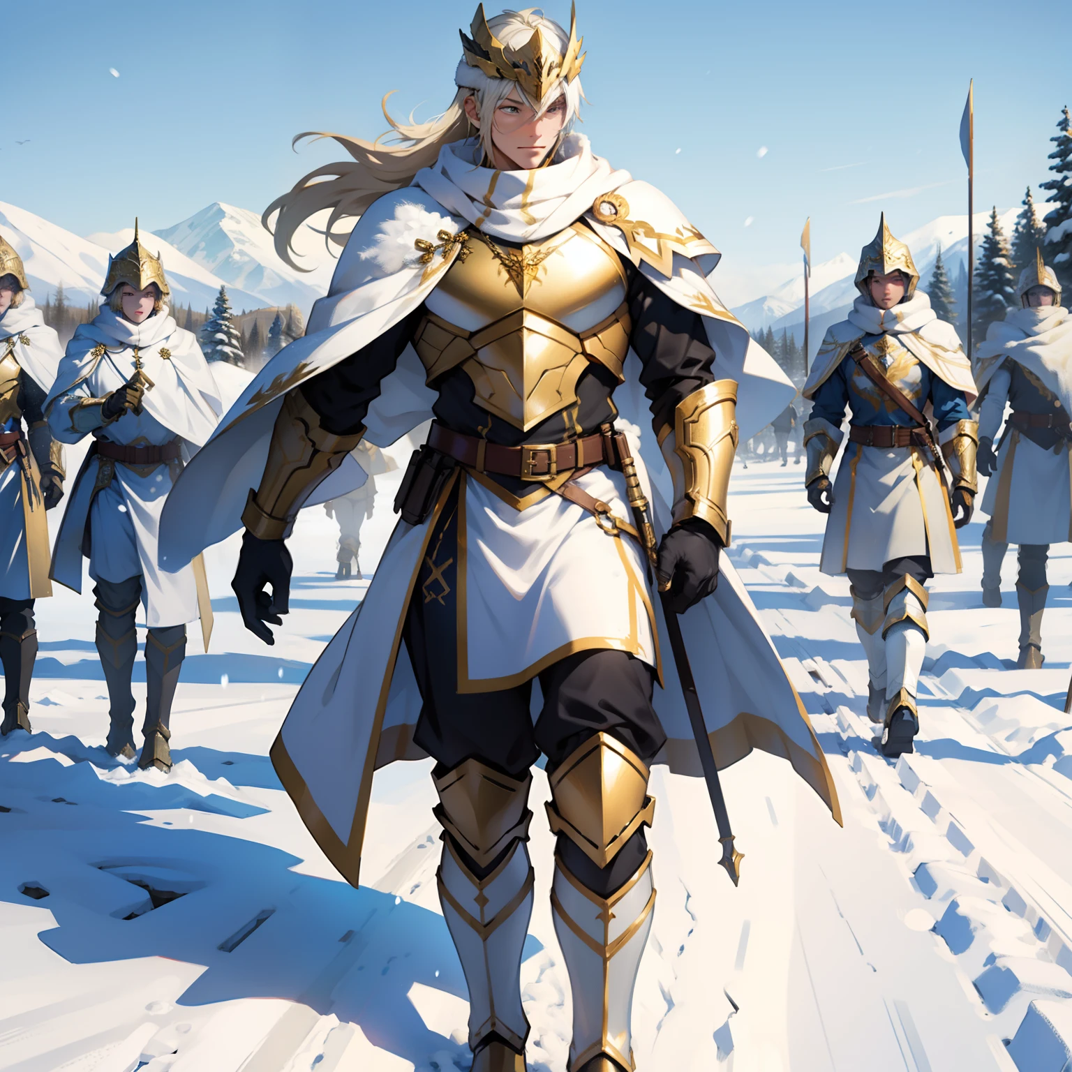 A big army with white and golden armor. Snowy Background