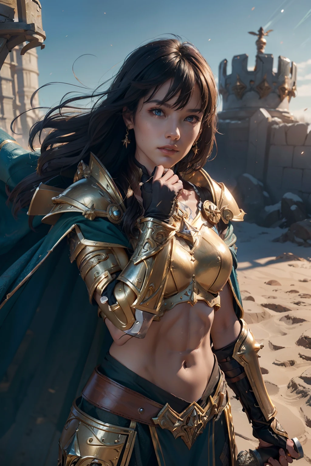 (((Well toned abs))), 8K, Ultra Definition, of the highest quality, (Very detailed), Dynamic angles, mysterious look, Wind-effect, Fantasy background, Rim lighting, Cinematic lights, Ultra High Resolution, 8K UHD, Film grain, better shadows, Gentle, raw, light Particle, Detailed skin texture, detailed armor texture, Detailed face, Intricate details, super detailed, Bright, Strong, golden armour, (Holding hammer), Slashing, Crushing action, pauldron, Long cape, Fantasy, (Realistic), Shoulder Armor, Convoluted, with an intricate, Perfect Lighting, watching viewer, Cinematic lighting, Flying Keywords: Flying, Holy Light, Vibrant, Bangs, Wind, Paladin