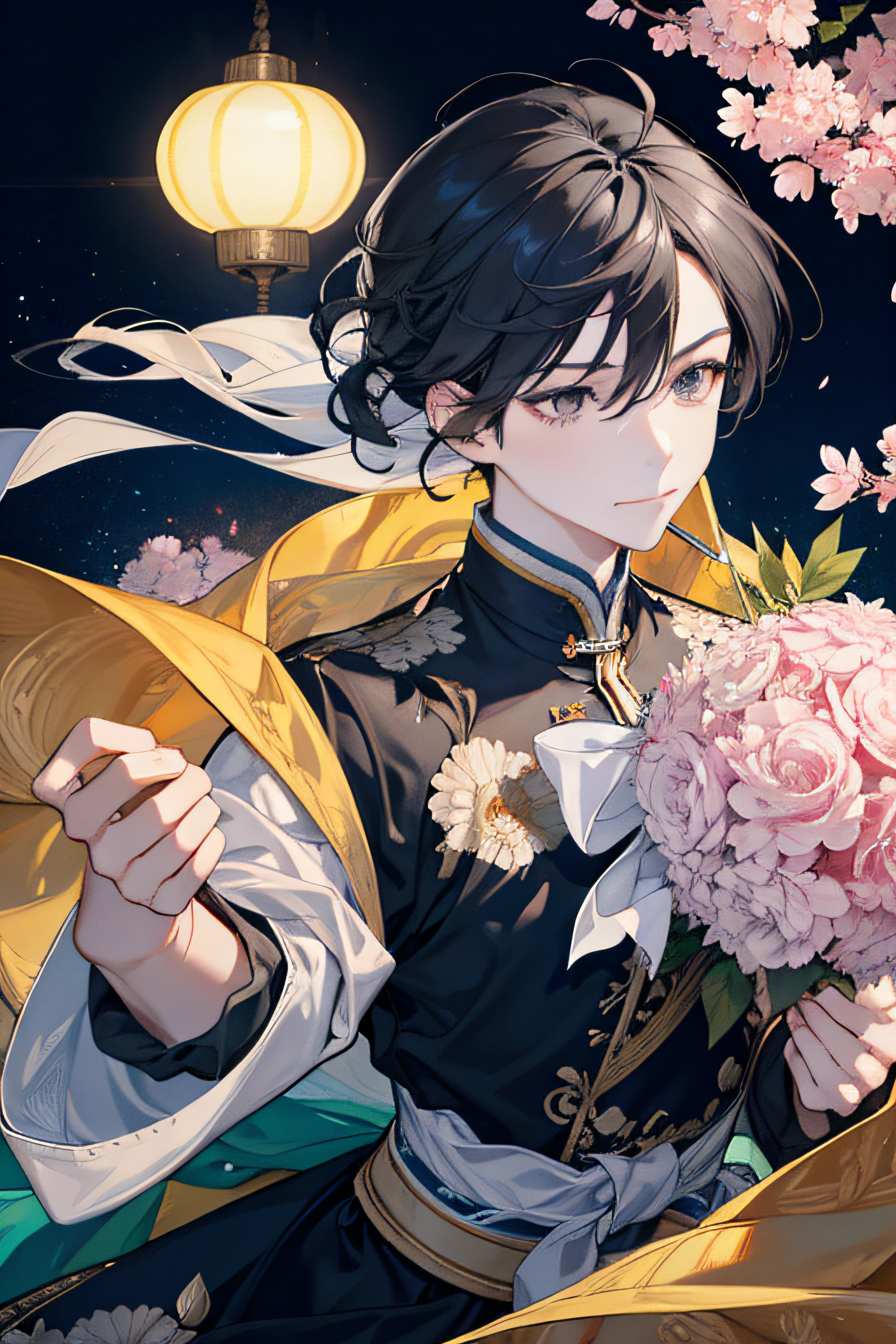 (hoang lap,A high resolution,ultra - detailed),1male people,AS-Adult,Handsome,Tall muscular man,a broad shouldered,Delicate gray eyes,Long brown hair(1.3),long whitr hair,fanciful,Intricate patterns,详细的脸,inn,Lanterns,best ratio four finger and one thumb,florals,petals,ssmile,(Dutch angle),Keep one's mouth shut