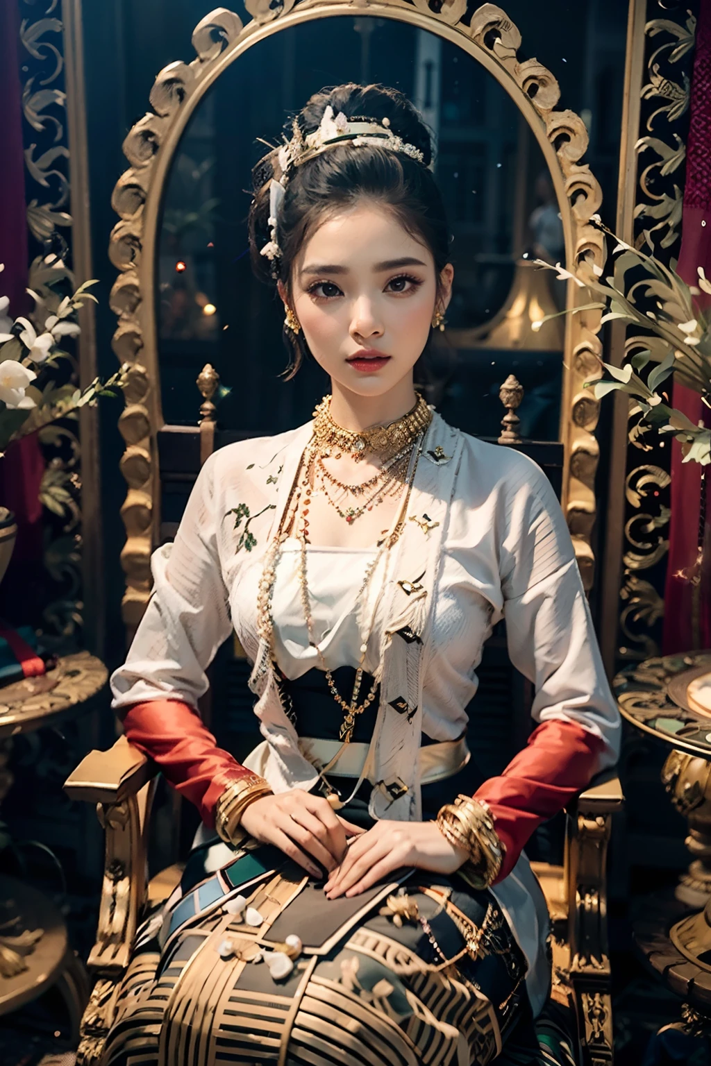 MMTD BURMESE PATTERNED green royal TRADITIONAL DRESS WEAR BEAUTIFUL queen,WEAR PEARL NECKLACES AND GOLD BRACELETS,FULL BODY DETAILS BEAUTY, sitting in royal manner on the long golden traditional throne in golden palace, Myanmar traditional hair style,best composition, full view covered shot, cenimatic lightning and ultra realistic details, octane rendering, unreal engine, sharp focus,32k ,hd resolution