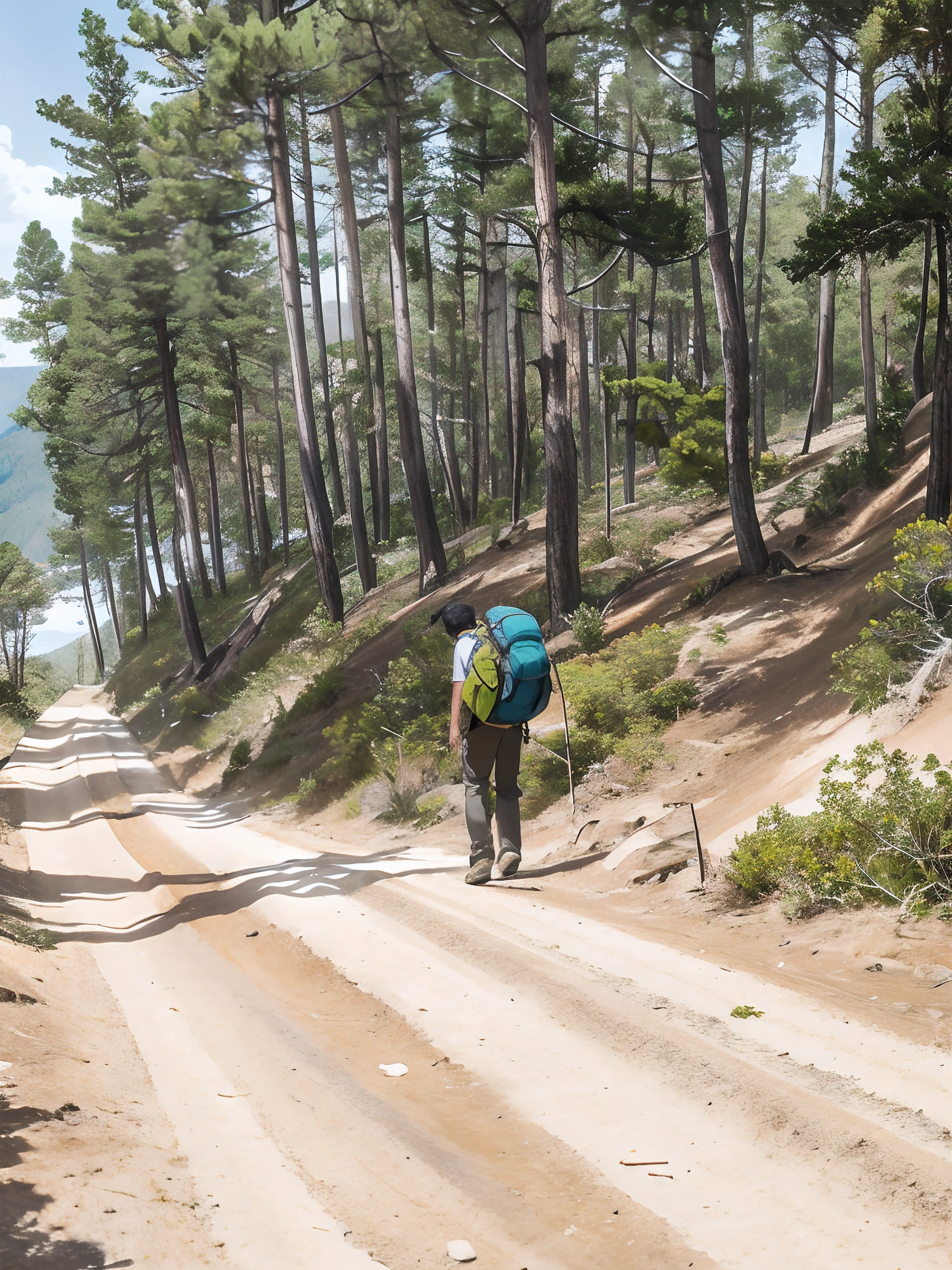 there is a man walking on a dirt road with a backpack, trekking in a forest, with matsu pine trees, walking in forest, hiking cane, time to climb the mountain path, pine forests, walking upright in a forest, walking around in forest, ancient forest like fanal forest, walking in a forest, walking in the forest, solo hiking in mountains trees