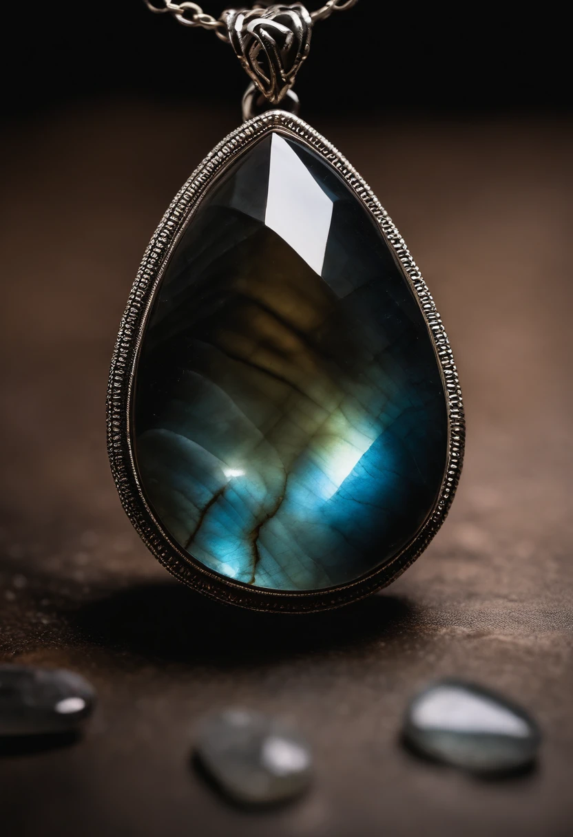 Teardrop-shaped necklace made of natural labradorite,(Gem Necklace),on the desktop,4k高清,(Real Photographics),Masterpiece, Best quality,