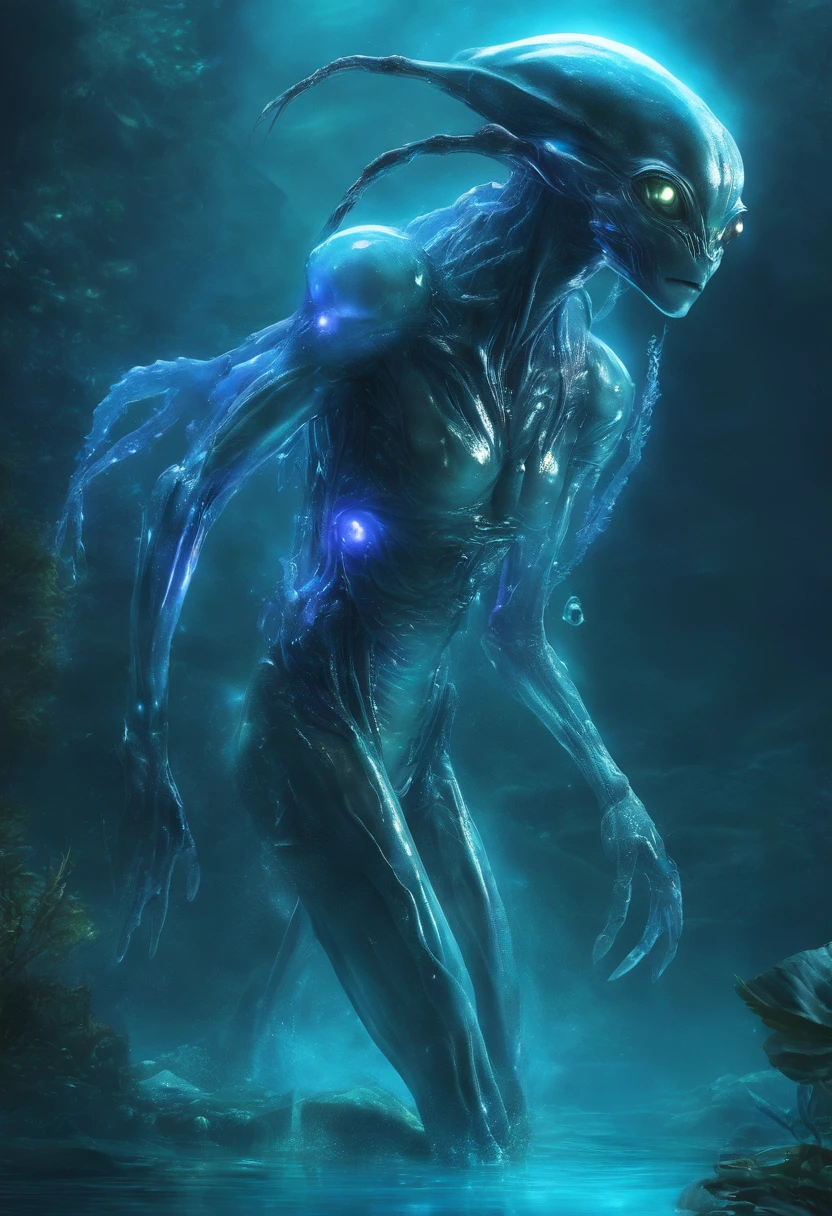Walk, Hands and feet, Big eyes, Monster, (((Humanoid translucent alien creature))), Light, Blue light,, Ocean, Plants in the water,Rich in color