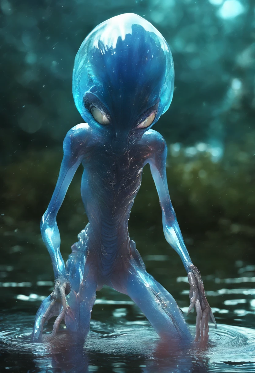 Walk, Hands and feet, Big eyes, water sprites，semi transparent，adolable, (((Humanoid translucent alien creature))), Light, Blue light,, Ocean, Plants in the water,Rich in color，Lighting effects