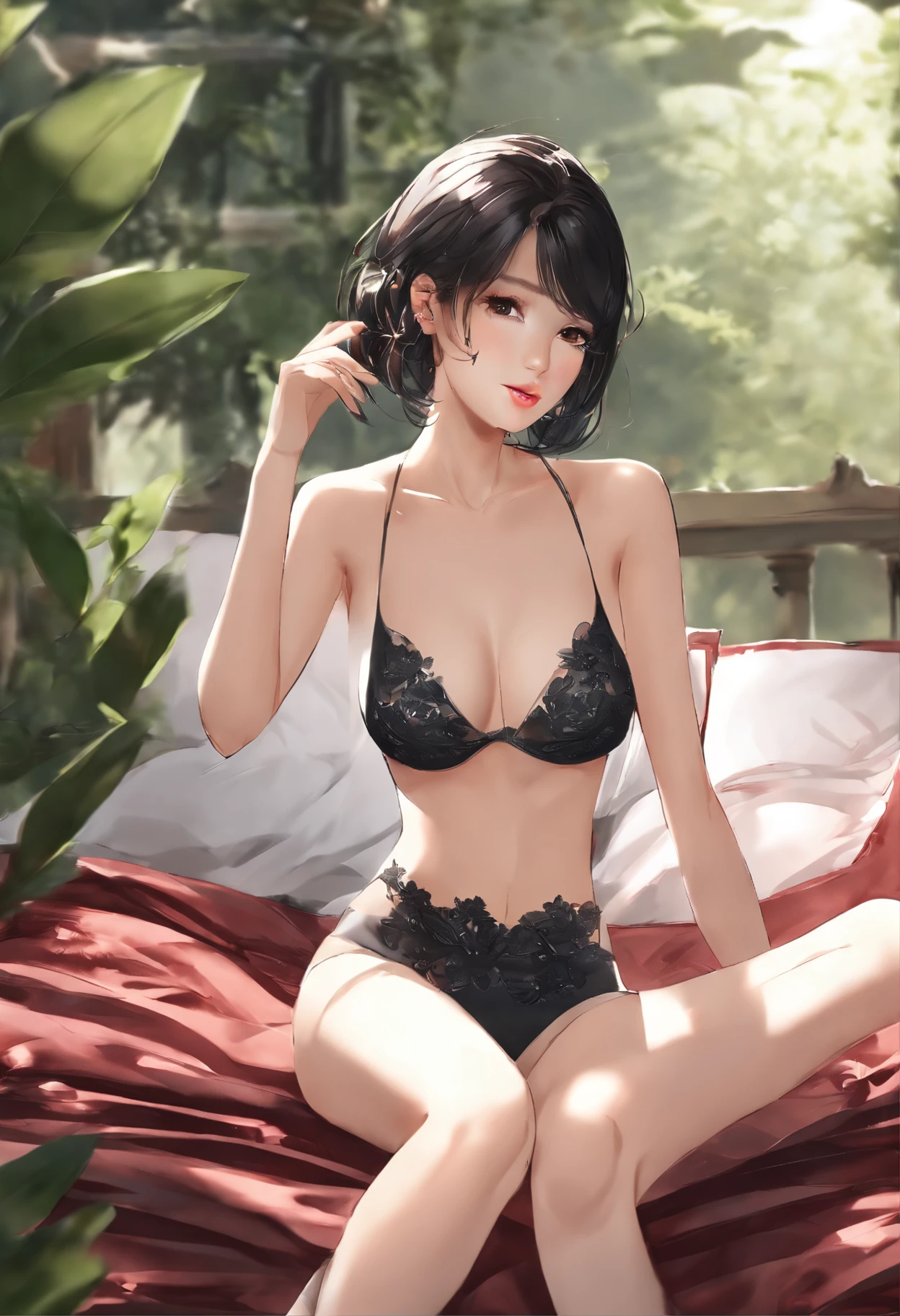 ((of the highest quality, 8K, masutepiece: 1.3)), Beauty, hide face, 1 girl, Beautiful: 1.3, Slender Abs: 1.1, Camisole, cleavage, Short black hair , (While sitting on the bed), hyperdetailed face, very detailed lips, Detailed eyes, Double eyelids