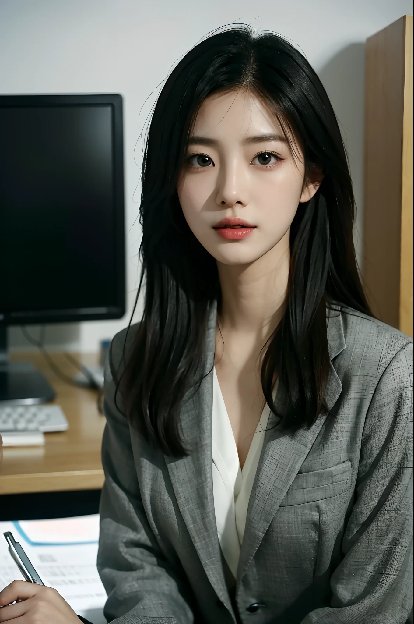 High-res, Realistic portrait of professional korean office lady with perfect skin，Professional suits，Women's suits，stand posture，The upper part of the body，Women in the workplace，Show confidence and maturity, Surrounded by a modern corporate environment, Vibrant and naturally lit highlights. The artwork should emphasize her elegant facial features, Including charming long eyes, Fluttering eyelashes and seductive lips. The scene should be enhanced with elements of professionalism and visual appeal，For example, Stylish work desk, Mainframe computers, High-resolution display, and complex stationery. The overall tone should be warm and professional, Has a soft and natural color palette. The artwork should exude a sense of professionalism, Success, and cultural pride，The background is blurred out