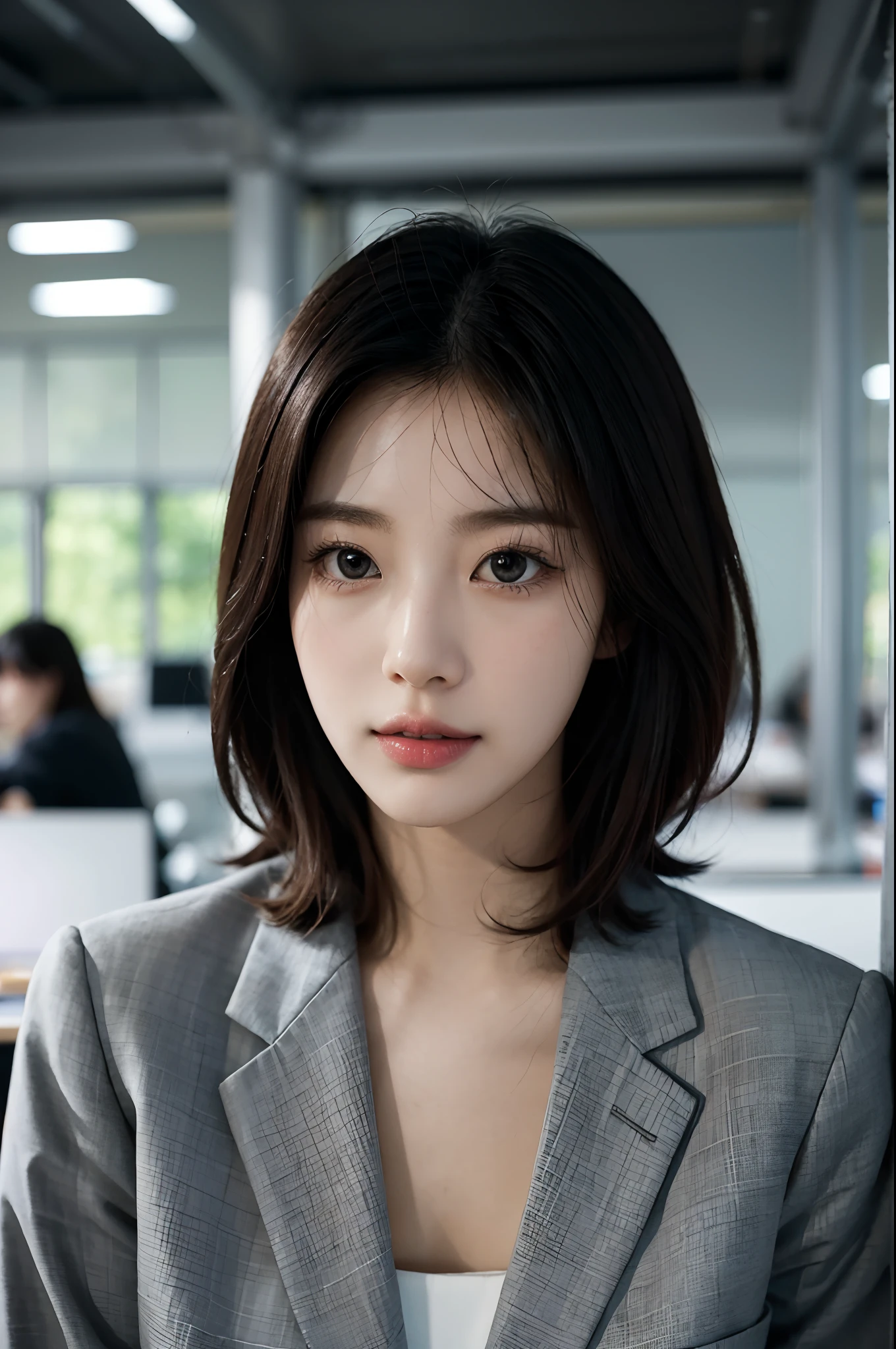 High-res, Realistic portrait of professional korean office lady with perfect skin,Professional suits,Women's suits,stand posture,The upper part of the body,Women in the workplace,Show confidence and maturity, Surrounded by a modern corporate environment, Vibrant and naturally lit highlights. The artwork should emphasize her elegant facial features, Including charming long eyes, Fluttering eyelashes and seductive lips. The scene should be enhanced with elements of professionalism and visual appeal,For example, Stylish work desk, Mainframe computers, High-resolution display, and complex stationery. The overall tone should be warm and professional, Has a soft and natural color palette. The artwork should exude a sense of professionalism, Success, and cultural pride,The background is blurred out