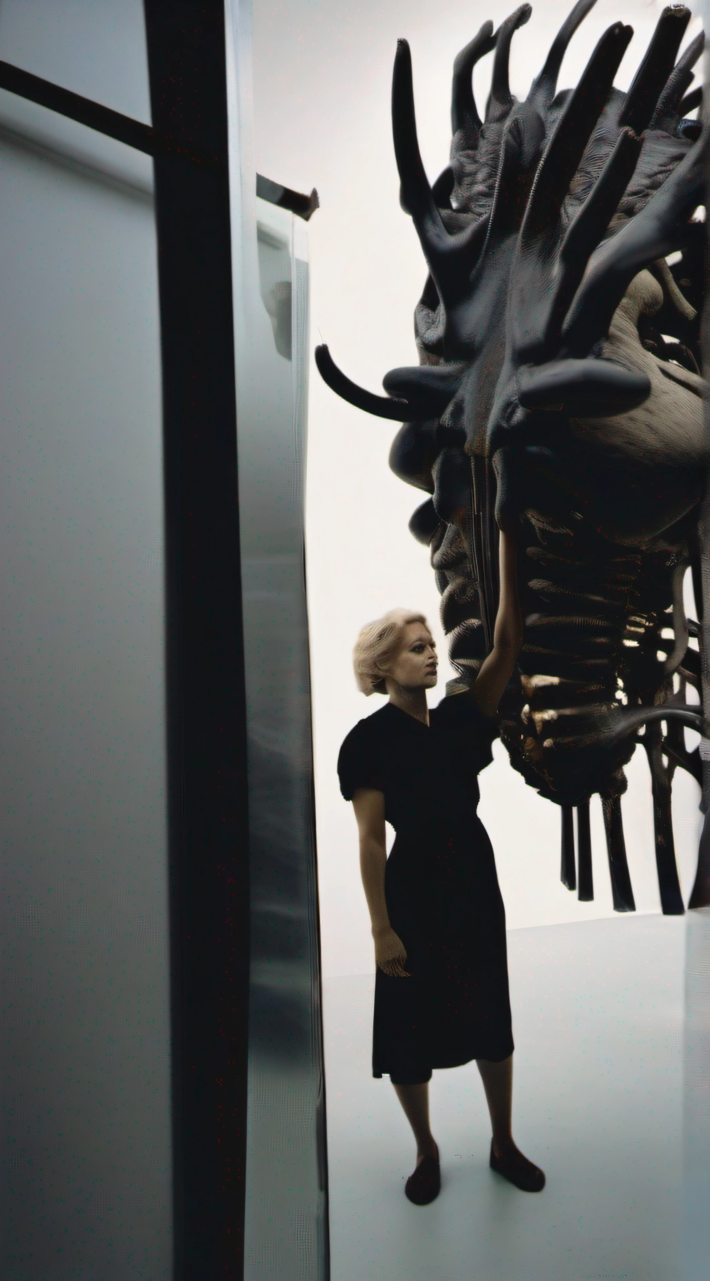 "(The best lighting, alto contraste, oscuro, dramatic),(Chica rubia junto a una cabra negra gigante, Open the rib cage, autopsia, caldero con huesos humanos, sangre por las paredes). Luz Caravaggio"