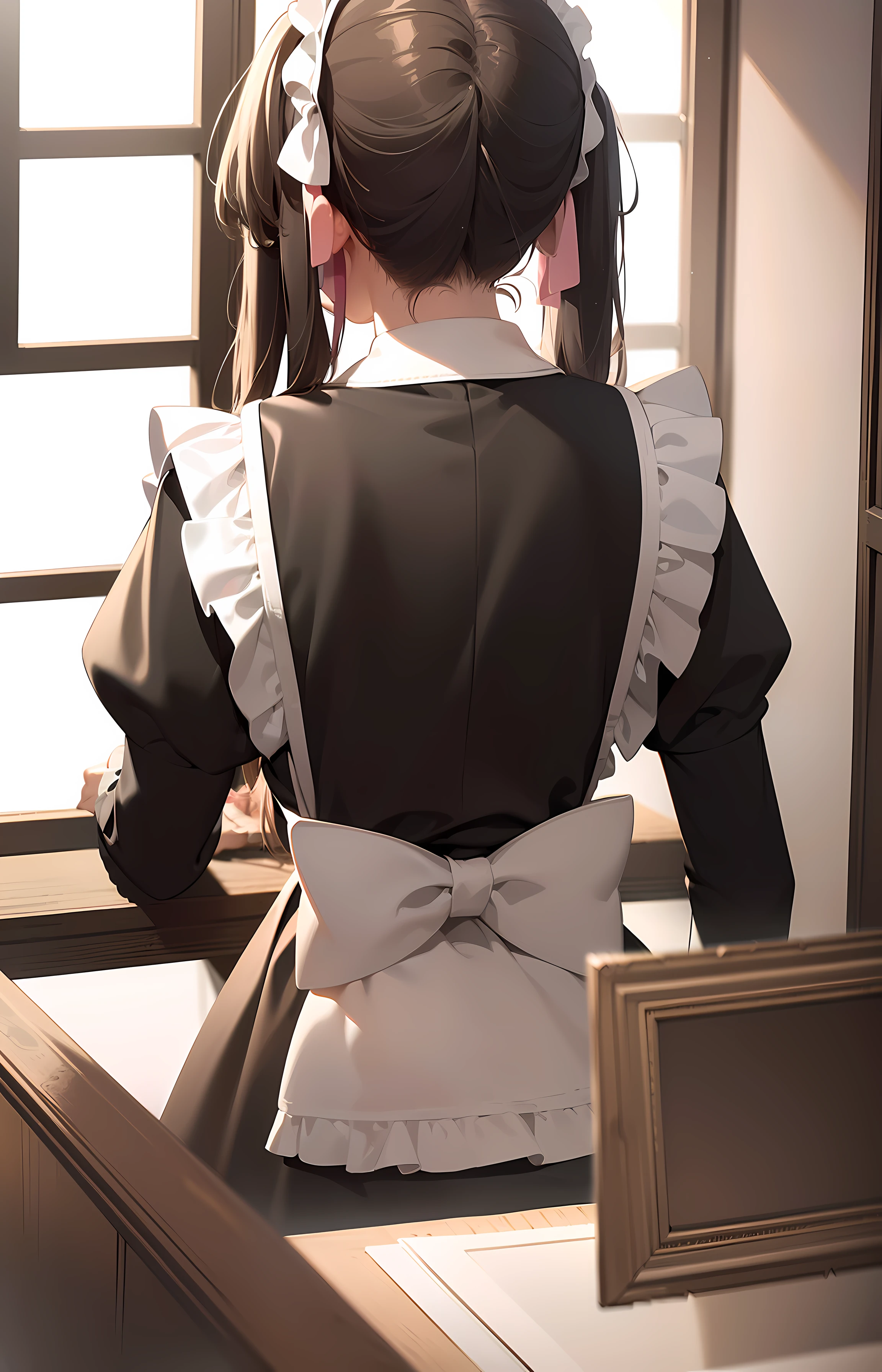 (Masterpiece:1.2), Best quality, A high resolution, Original, (Extremely detailed:1.2), Ultra-detailed, the wallpaper, Perfect lighting,(Extremely detailed CG:1.2), 8K, illustration, 1 trap, Cross-dressing, Solo, Pink Maid_dress, From behind, Close-up, Anime style