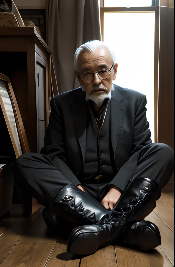 with a goatee,Old gentleman in black riding boots,Show off his boots,The light source is in the upper left corner。