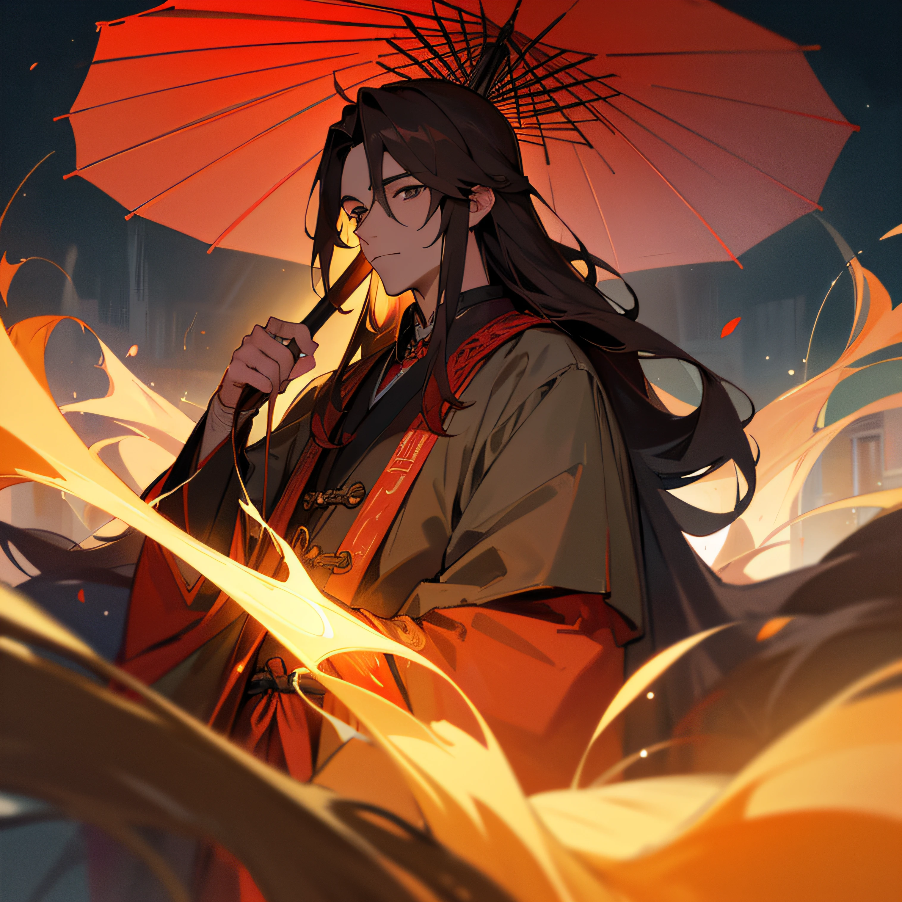 (Best quality,4K,8K,A high resolution,Masterpiece:1.2),Ultra-detailed, 1male people，AS-Adult，Handsome, Long-haired,Brown-haired, Traditional Chinese costumes, Gray eyes, Night light, Wet streets, Red Chinese paper umbrella, Fluttering petals, coloured photo, A man with long brown hair and a red umbrella, gentleness，Face the lens，looking to the camera，Half-body close-up，Surrounded by damp streets, Ancient Chinese Night View