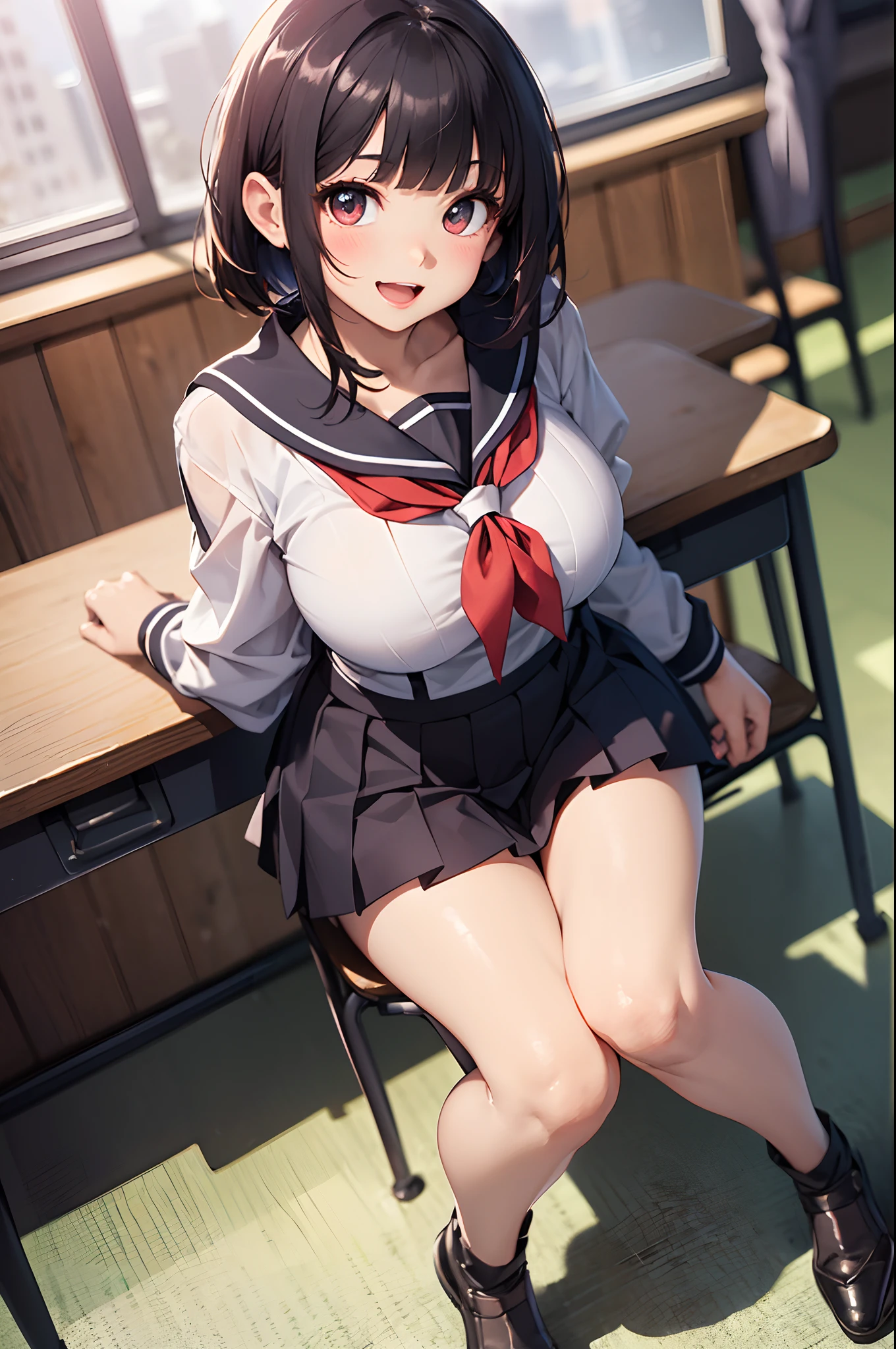 (top-quality、in 8K、32K、masterpiece、nffsw、超A high resolution、Impresionismo、Photorealsitic:1.2)、Angle from above、High angle、Colossal tits、cowboy shot, detailed faces and eyes、 Inside the classroom、Schools、Evening glow、beauitful face、blurry backround、16-year-old beautiful girl、shinny skin、short-hair、Beautiful black hair、Blunt bangs、Red Eye、(Katyusha:1.2)、a sailor suit、Pleated miniskirt、Curve、Stand on one knee、(I can see panties:1.2)、Smile with open mouth、Opening legs、