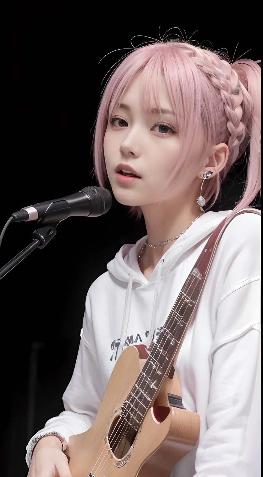 (masutepiece:1.3, Best Quality, Photorealistic, Ultra-detailed, Finely detailed, High resolution, 8K Wallpaper), 1 beautiful girl, Band Group Vocals, In a white hoodie, Singing a song on an electric guitar, Stand Microphone, Mouth open, Beautiful face, Detailed face, Beautiful eyes, Detailed eyes, Looks fun、Smiling, earrings, Necklace, Detailed guitar, (Straight guitar neck and strings), Only 1 person,Pink Hair Medium Hair, (Pink hair), Ear Hair, small tits, Single braid, (Single braid), (Side braid),on a stage, Spotlight, Look at the viewer、small tits