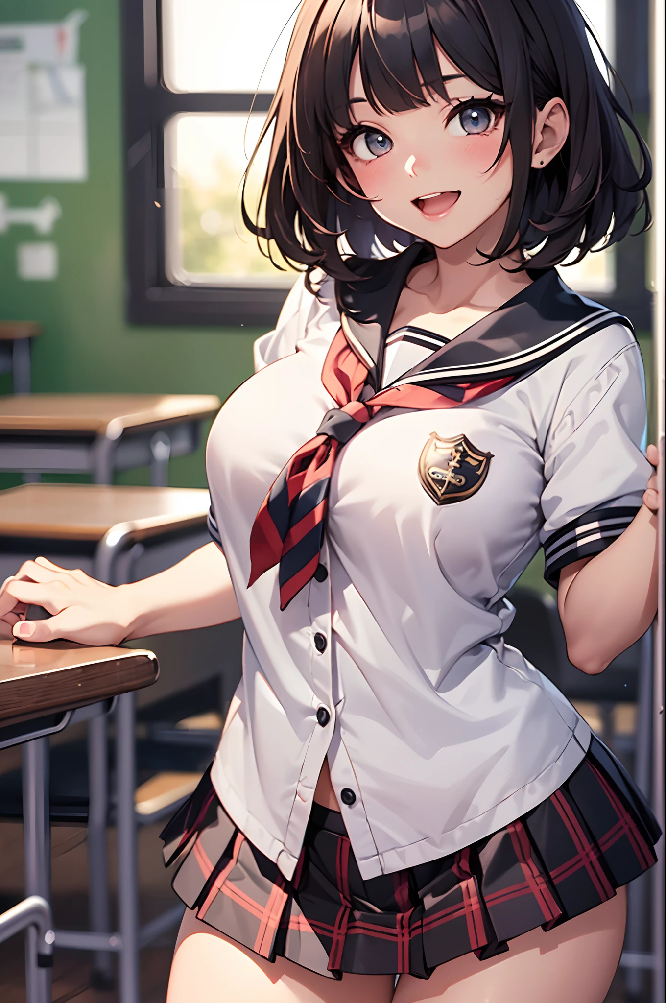(top-quality、in 8K、32K、​masterpiece、nffsw、超A high resolution、Impresionismo、Photorealsitic:1.2)、Angle from above、High angle、Colossal tits、cowboy  shot, detailed faces and eyes、 Inside the classroom、Schools、Evening glow、beauitful face、blurry backround、16-year-old beautiful girl、shinny skin、short-hair、Beautiful black hair、Blunt bangs、Red Eye、(Katyusha:1.2)、a sailor suit、Pleated miniskirt、Curve、Stand on one knee、(I can see panties:1.2)、Smile with open mouth、Opening legs、