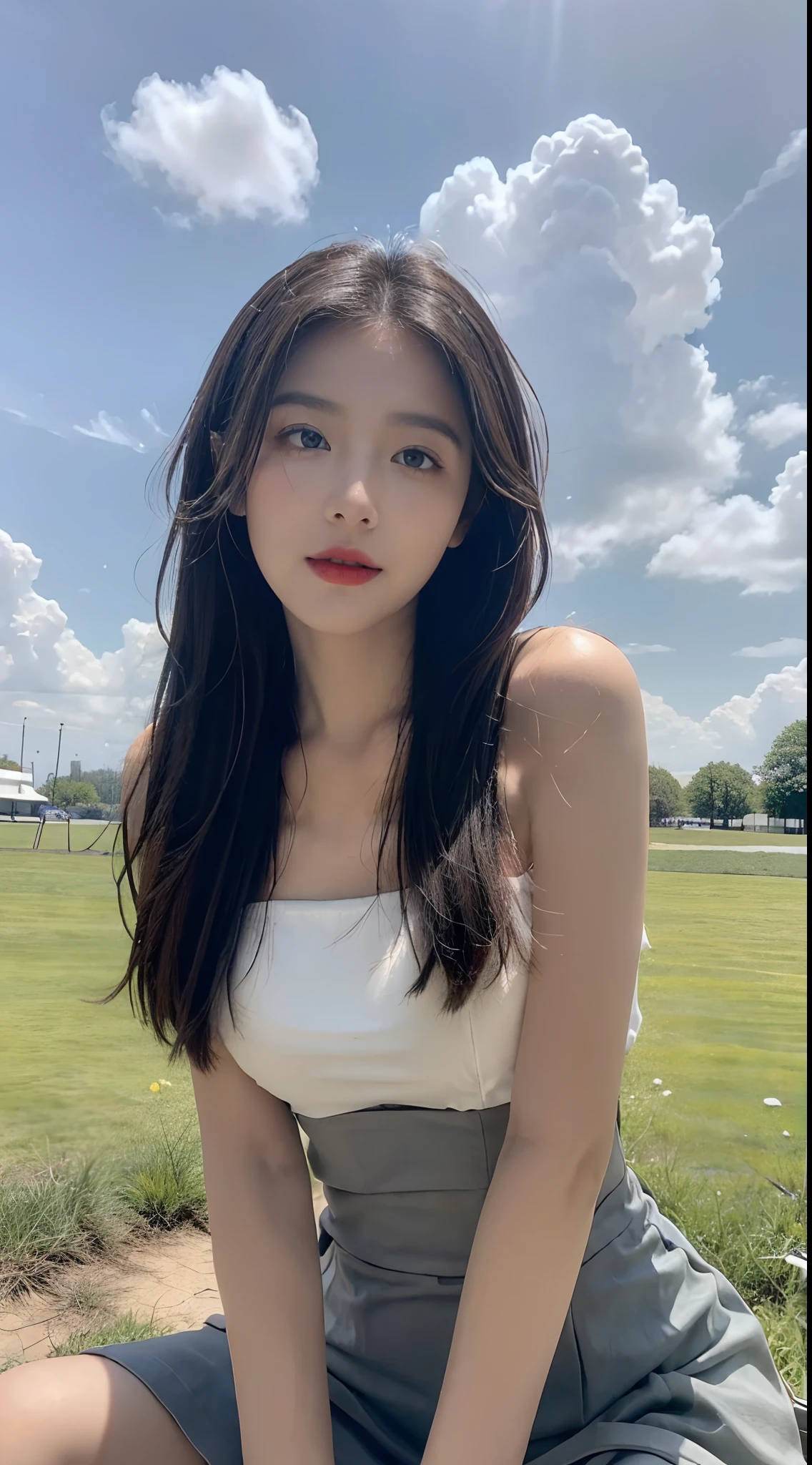 ((best qualtiy, 8K, tmasterpiece:1.3)), A pretty maiden，Pure，Melon seed face，gentle and cute，A sweet smile，Pure desire，Thin stature，(frontage)，(Tilt your head)，staring right into camera，uniform, Obi, formal，Black silky long, Straight hair，Long hair flowing over the shoulders，round black big eyes，Clear big eyes，Hydrated red lips，Sweet，Sit on the，with blue sky and white clouds，Blue skies，grassy fields，