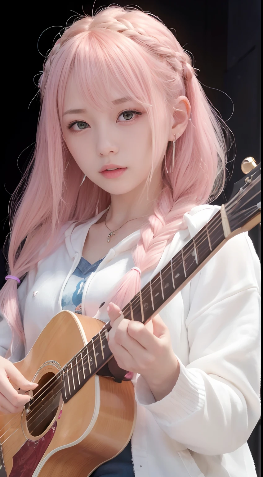 (masutepiece:1.3, Best Quality, Photorealistic, Ultra-detailed, Finely detailed, High resolution, 8K Wallpaper), 1 beautiful girl, Band Group Vocals, In a white hoodie, Singing a song on an electric guitar, Stand Microphone, Mouth open, Beautiful face, Detailed face, Beautiful eyes, Detailed eyes, Looks fun、Smiling, earrings, Necklace, Detailed guitar, (Straight guitar neck and strings), Only 1 person,Pink Hair Medium Hair, (Pink hair), Ear Hair, small tits, Single braid, (Single braid), (Side braid),on a stage, Spotlight, Look at the viewer、small tits