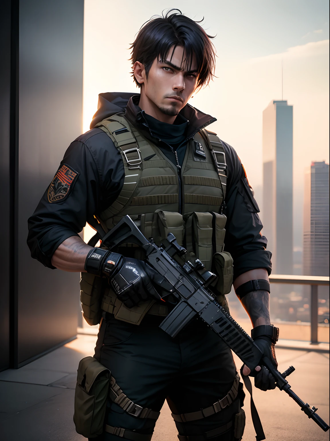 1man, male focus, foreign mercenary, m4a1, danger atmosphere, holding weapon, city backdrop, masterpiece, best quality, depth of field