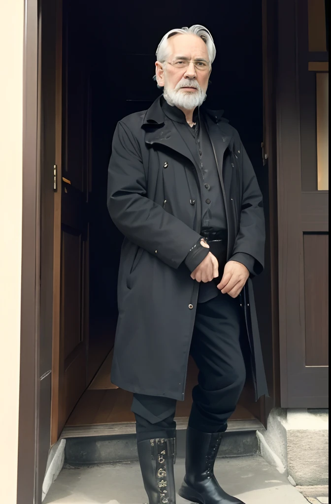 with a goatee,Old gentleman in black riding boots,Show off his boots,The light source is in the upper left corner。
