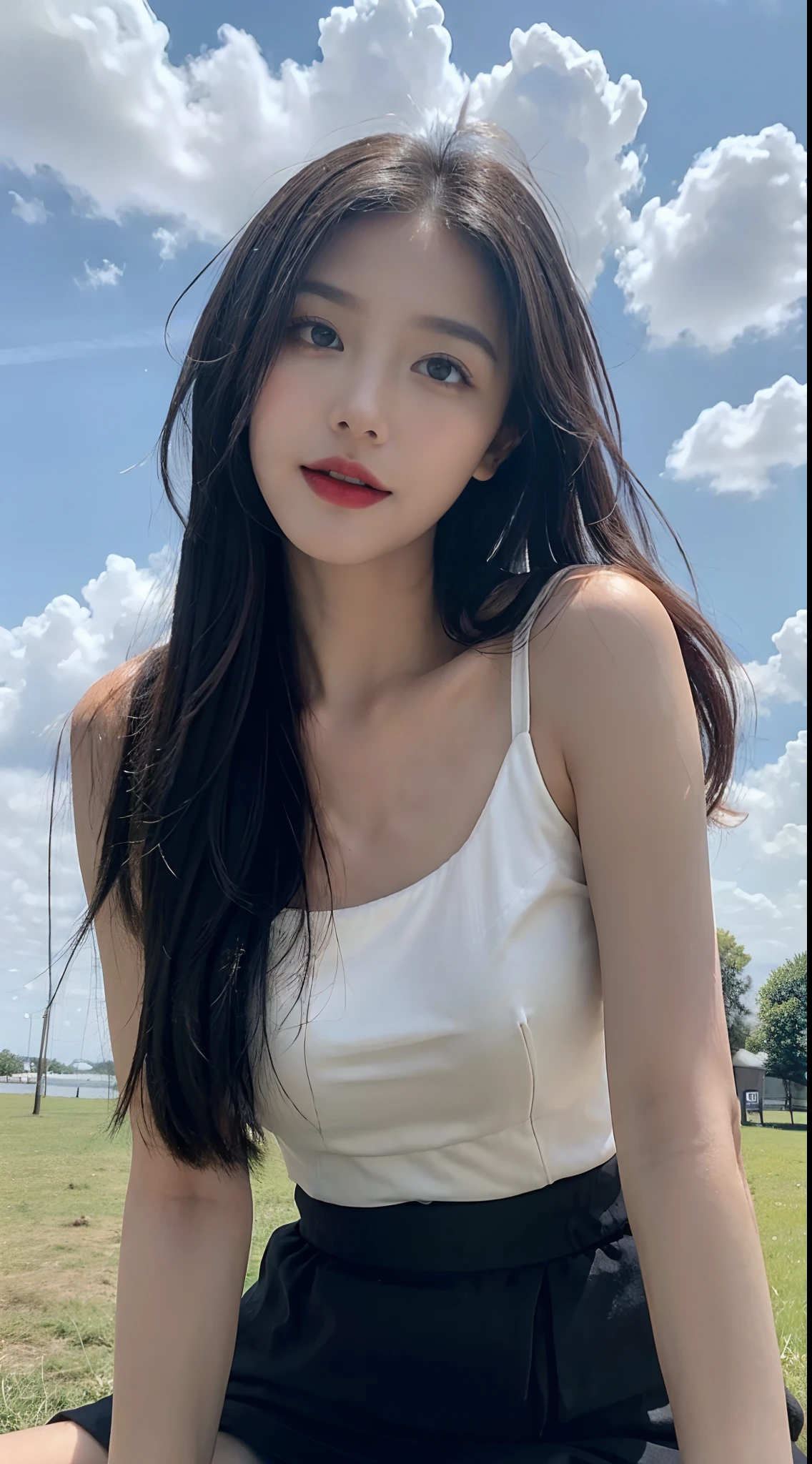 ((best qualtiy, 8K, tmasterpiece:1.3)), A pretty maiden,Pure,Melon seed face,gentle and cute,A sweet smile,Pure desire,Thin stature,(frontage),(Tilt your head),staring right into camera,uniform, Obi, formal,Black silky long, Straight hair,Long hair flowing over the shoulders,round black big eyes,Clear big eyes,Hydrated red lips,Sweet,Sit on the,with blue sky and white clouds,Blue skies,grassy fields,