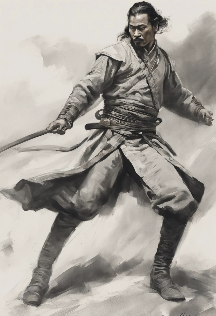 Depicting Chinese martial arts ,There are thin black lines, Strike a dynamic fighting pose with your entire body. Painting should convey a sense of movement and movement, It has a meticulous and lively feeling. The style should resemble a quick sketch or line draft, Resembles a detailed monochrome sketch with rough edges and simplified line work. The level of detail should be blink – and – you – miss – it, Some details disappear in an instant, Similar to the style of Frostpunk. The overall style should be inspired by the work of John Singer Sargent, Focus on realistic and expressive portraiture