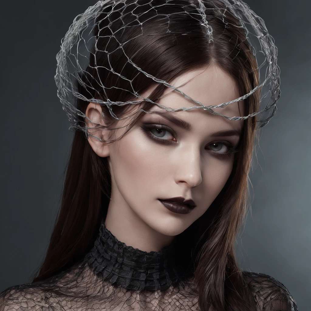 girl with gothic net symbolic clothes,detailed barbed wire on the body,brunette hair with gray ends,best quality,ultra-detailed,realistic,photorealistic:1.37,professional,horror, dark color tones,studio lighting
