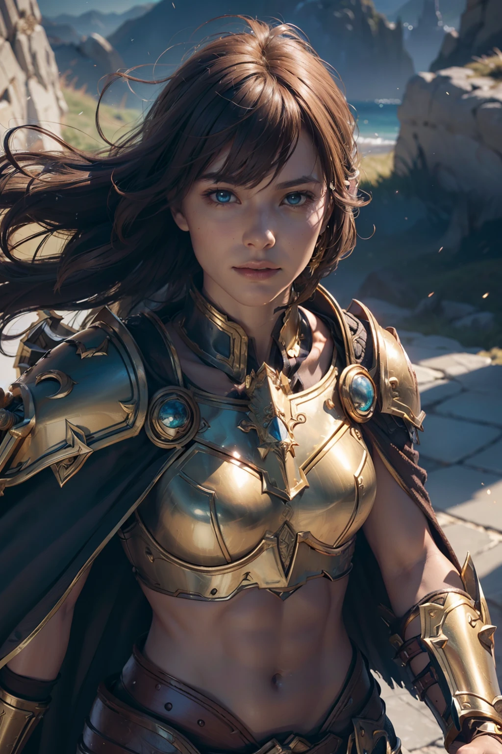 (((Well toned abs))), 8K, Ultra Definition, of the highest quality, (Very detailed), Dynamic angles, mysterious look, Wind-effect, Fantasy background, Rim lighting, Cinematic lights, Ultra High Resolution, 8K UHD, Film grain, better shadows, Gentle, raw, light Particle, Detailed skin texture, detailed armor texture, Detailed face, Intricate details, super detailed, Bright, Strong, golden armour, (Holding hammer), Slashing, Crushing action, pauldron, Long cape, Fantasy, (Realistic), Shoulder Armor, Convoluted, with an intricate, Perfect Lighting, Watching Viewer, Cinematic lighting, Flying Keywords: Flying, Holy Light, Vibrant, Bangs, Wind, Paladin