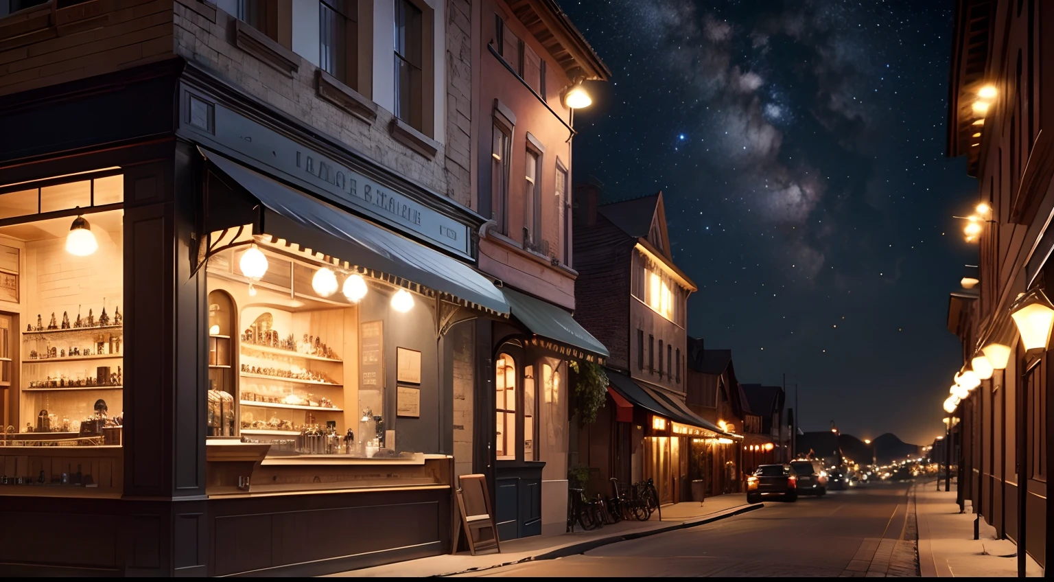 Imagine the façade of a café bar in a small town on a dark night of star-filled sky.