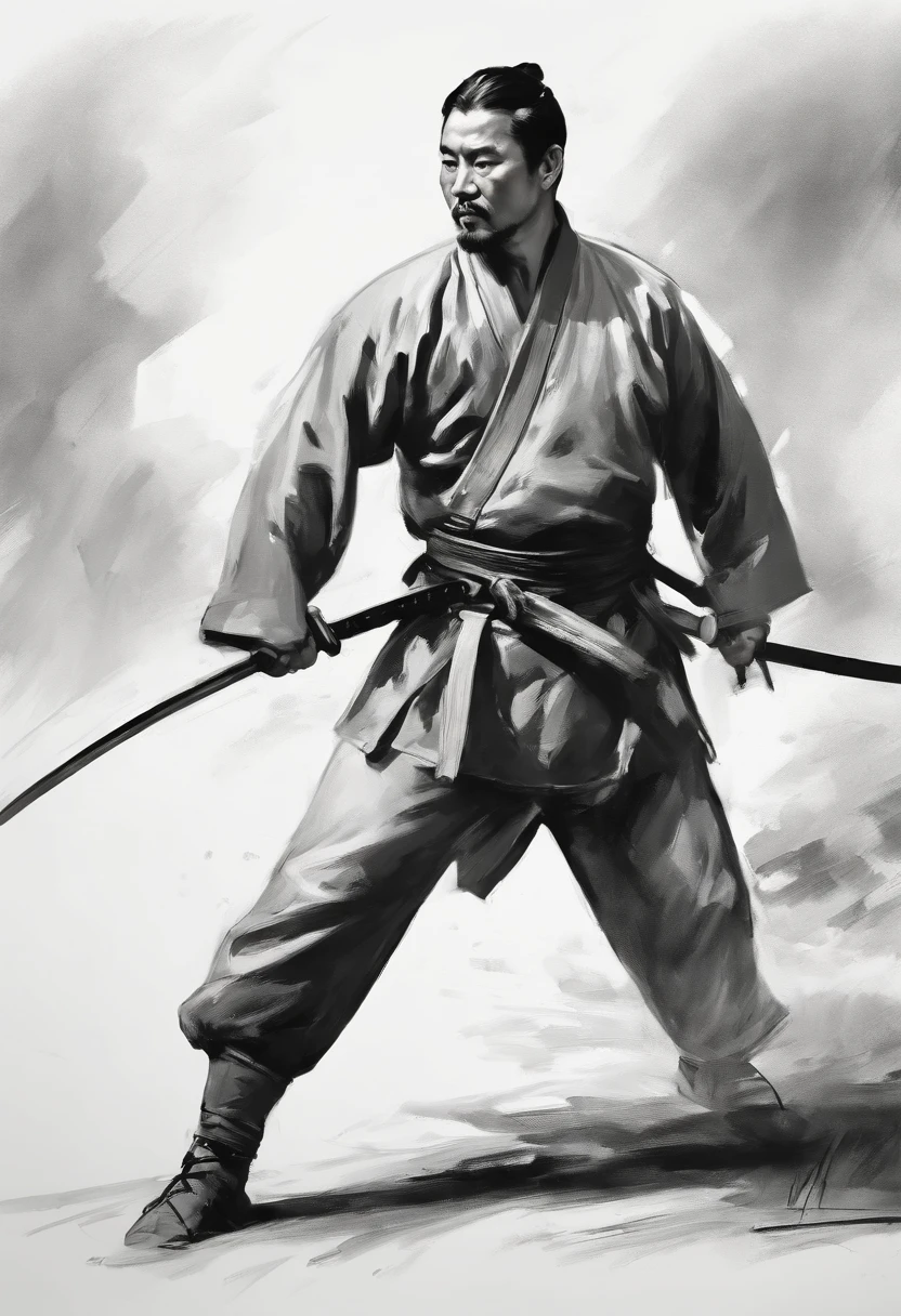 Depicting Chinese martial arts ,There are thin black lines, Strike a dynamic fighting pose with your entire body. Painting should convey a sense of movement and movement, It has a meticulous and lively feeling. The style should resemble a quick sketch or line draft, Resembles a detailed monochrome sketch with rough edges and simplified line work. The level of detail should be blink – and – you – miss – it, Some details disappear in an instant, Similar to the style of Frostpunk. The overall style should be inspired by the work of John Singer Sargent, Focus on realistic and expressive portraiture