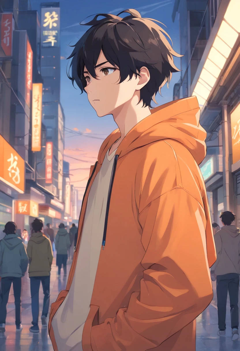 1male people, Black hair curled slightly, Oversized Orange Hoodie, pale white skin, Hot